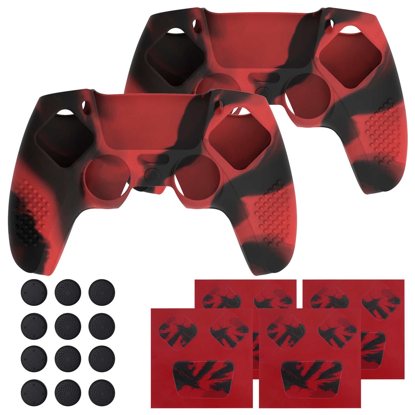 PlayVital 2 Set Upgraded 3D Studded Edition Anti-Slip Silicone Cover Skin with 6 Thumb Grips & 2 Stickers for PS5 Controller, Compatible with Charging Dock - Red & Black PlayVital