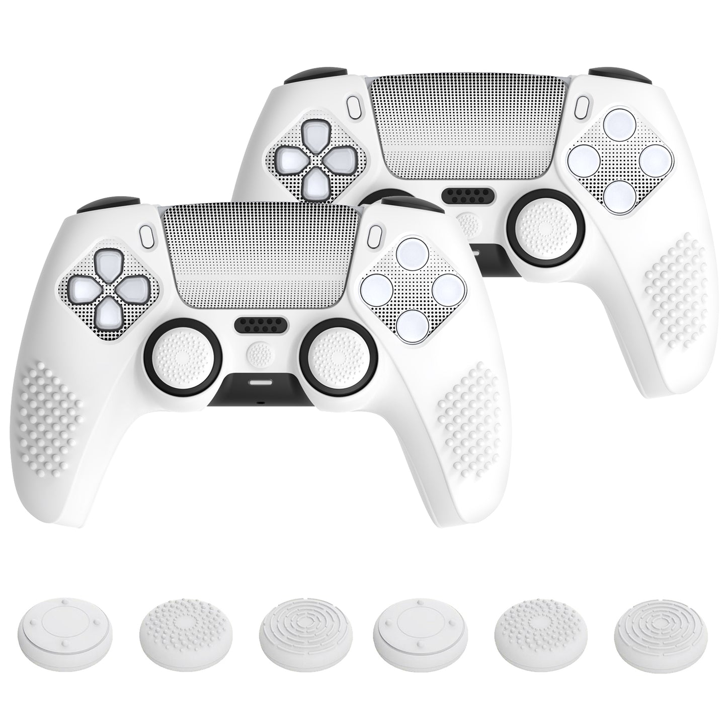 PlayVital 2 Set Upgraded 3D Studded Edition Anti-Slip Silicone Cover Skin with 6 Thumb Grips & 2 Stickers for PS5 Controller, Compatible with Charging Dock - White PlayVital