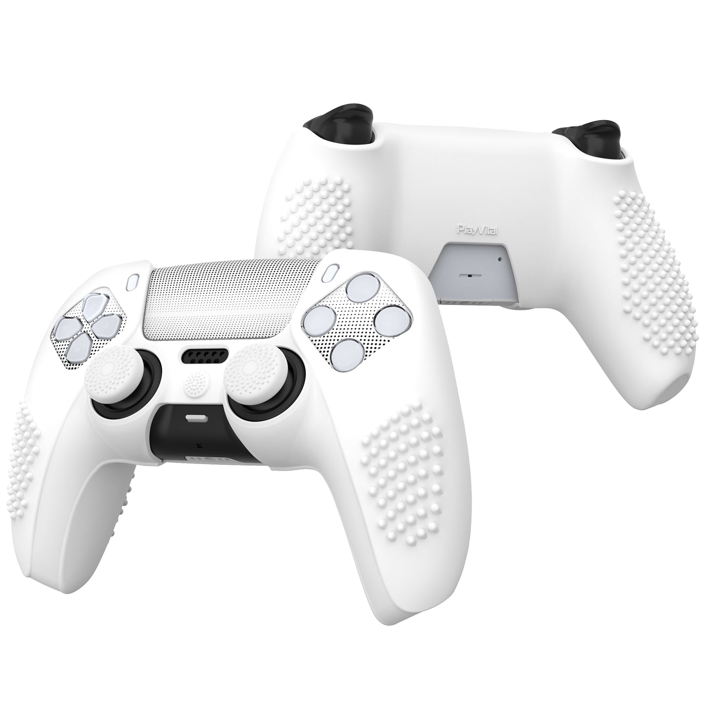 PlayVital 2 Set Upgraded 3D Studded Edition Anti-Slip Silicone Cover Skin with 6 Thumb Grips & 2 Stickers for PS5 Controller, Compatible with Charging Dock - White PlayVital