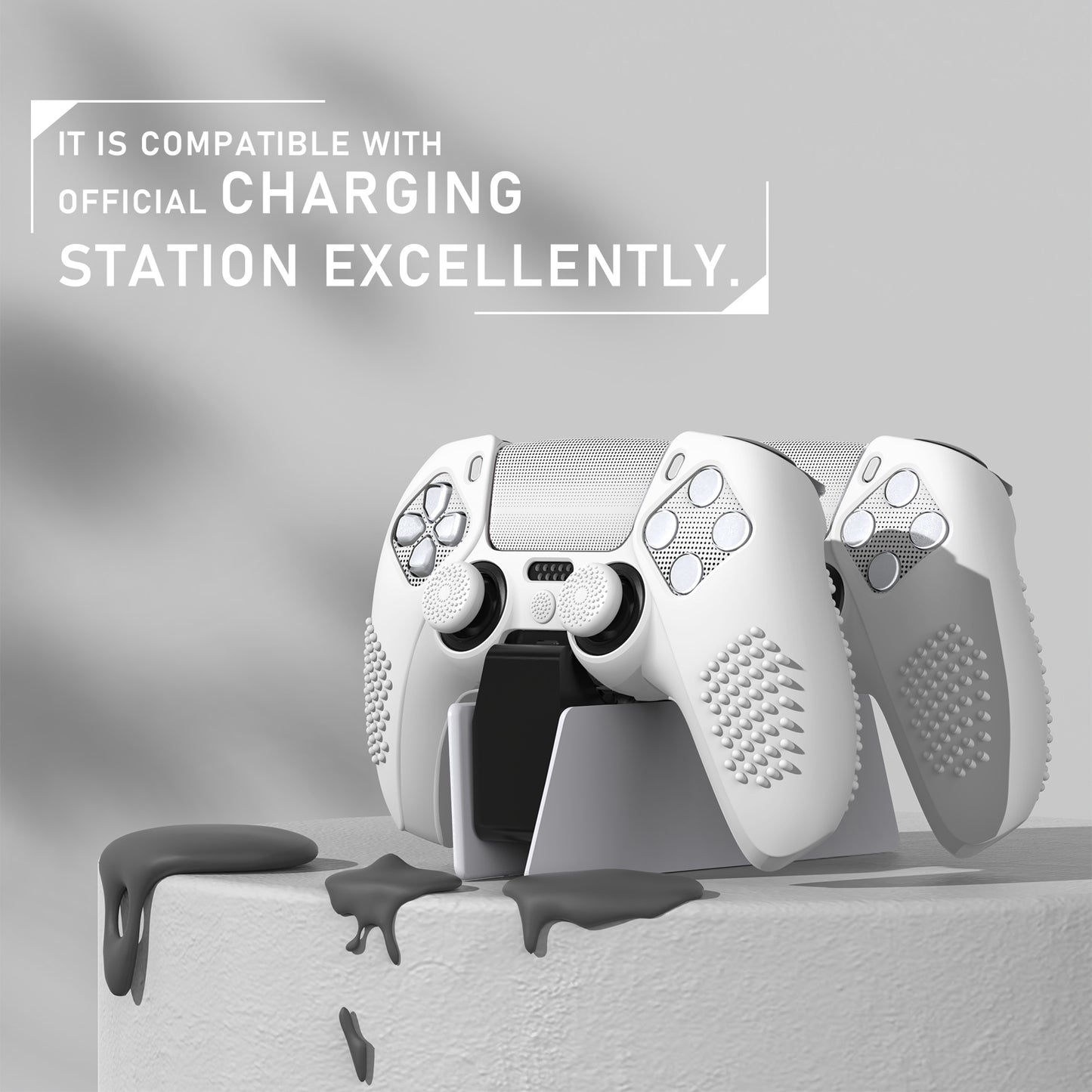 PlayVital 2 Set Upgraded 3D Studded Edition Anti-Slip Silicone Cover Skin with 6 Thumb Grips & 2 Stickers for PS5 Controller, Compatible with Charging Dock - White PlayVital