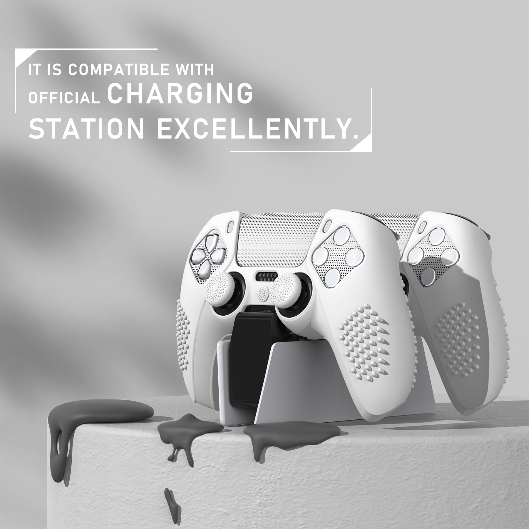 PlayVital 2 Set Upgraded 3D Studded Edition Anti-Slip Silicone Cover Skin with 6 Thumb Grips & 2 Stickers for PS5 Controller, Compatible with Charging Dock - White PlayVital