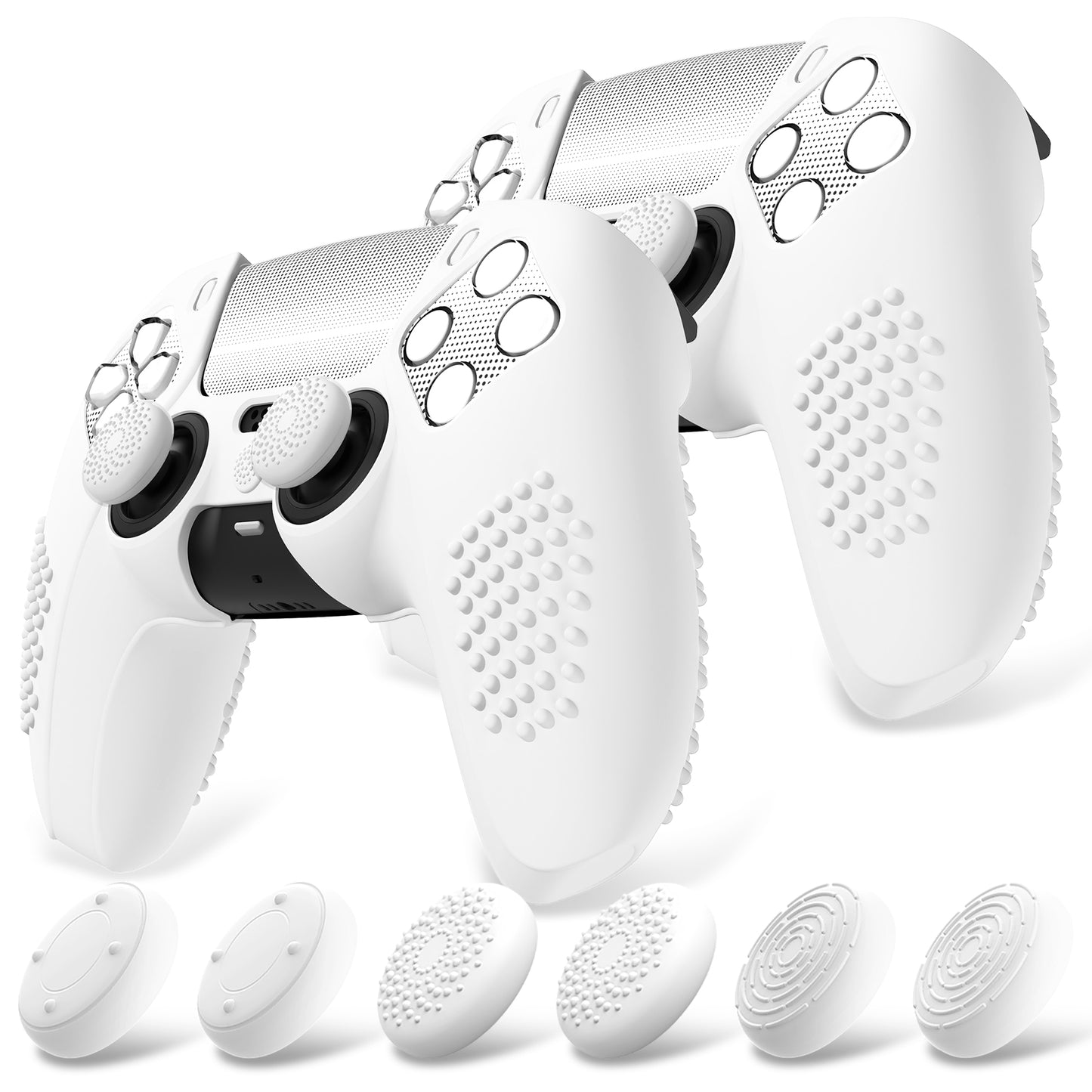 PlayVital 2 Set Upgraded 3D Studded Edition Anti-Slip Silicone Cover Skin with 6 Thumb Grips & 2 Stickers for PS5 Controller, Compatible with Charging Dock - White PlayVital