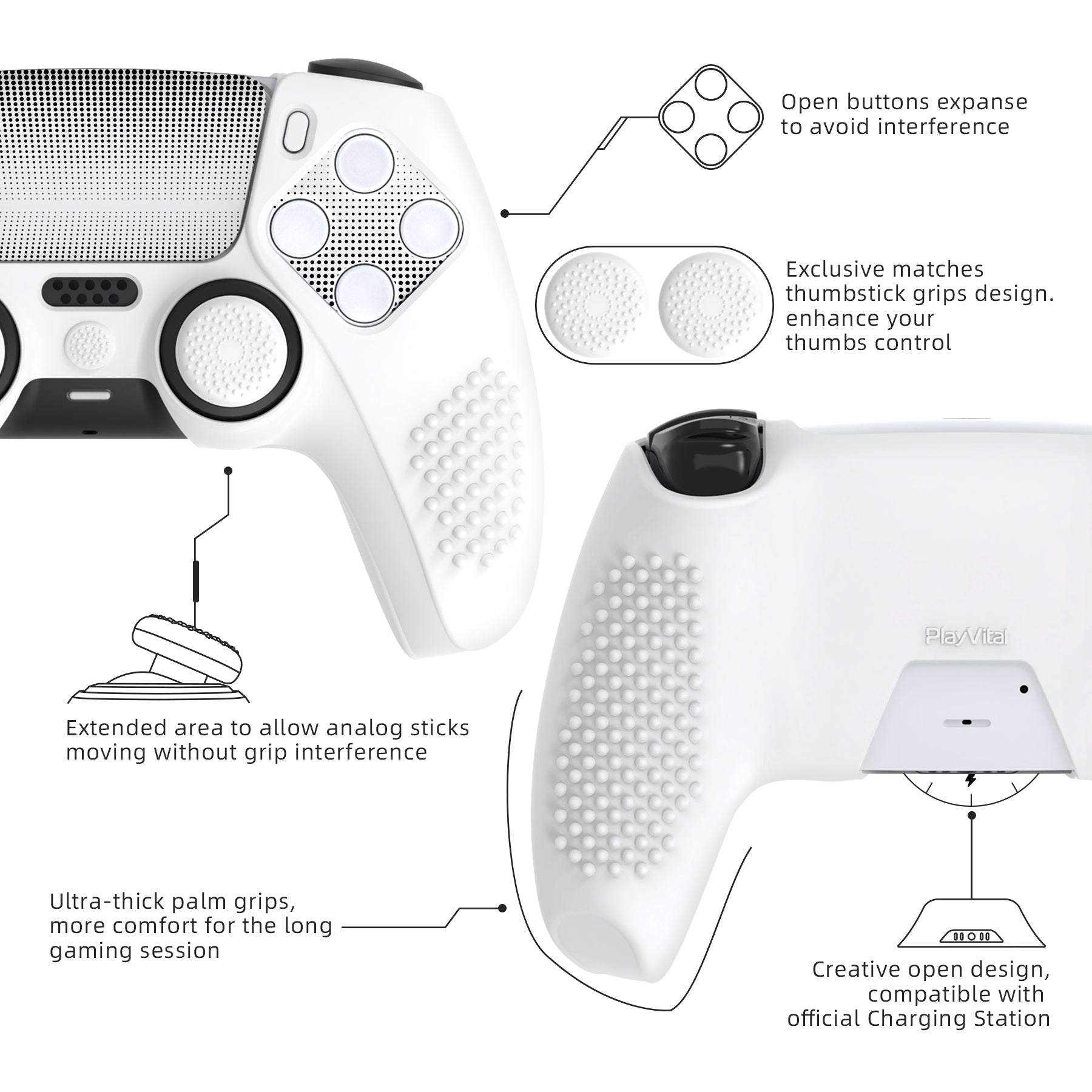 PlayVital 2 Set Upgraded 3D Studded Edition Anti-Slip Silicone Cover Skin with 6 Thumb Grips & 2 Stickers for PS5 Controller, Compatible with Charging Dock - White PlayVital