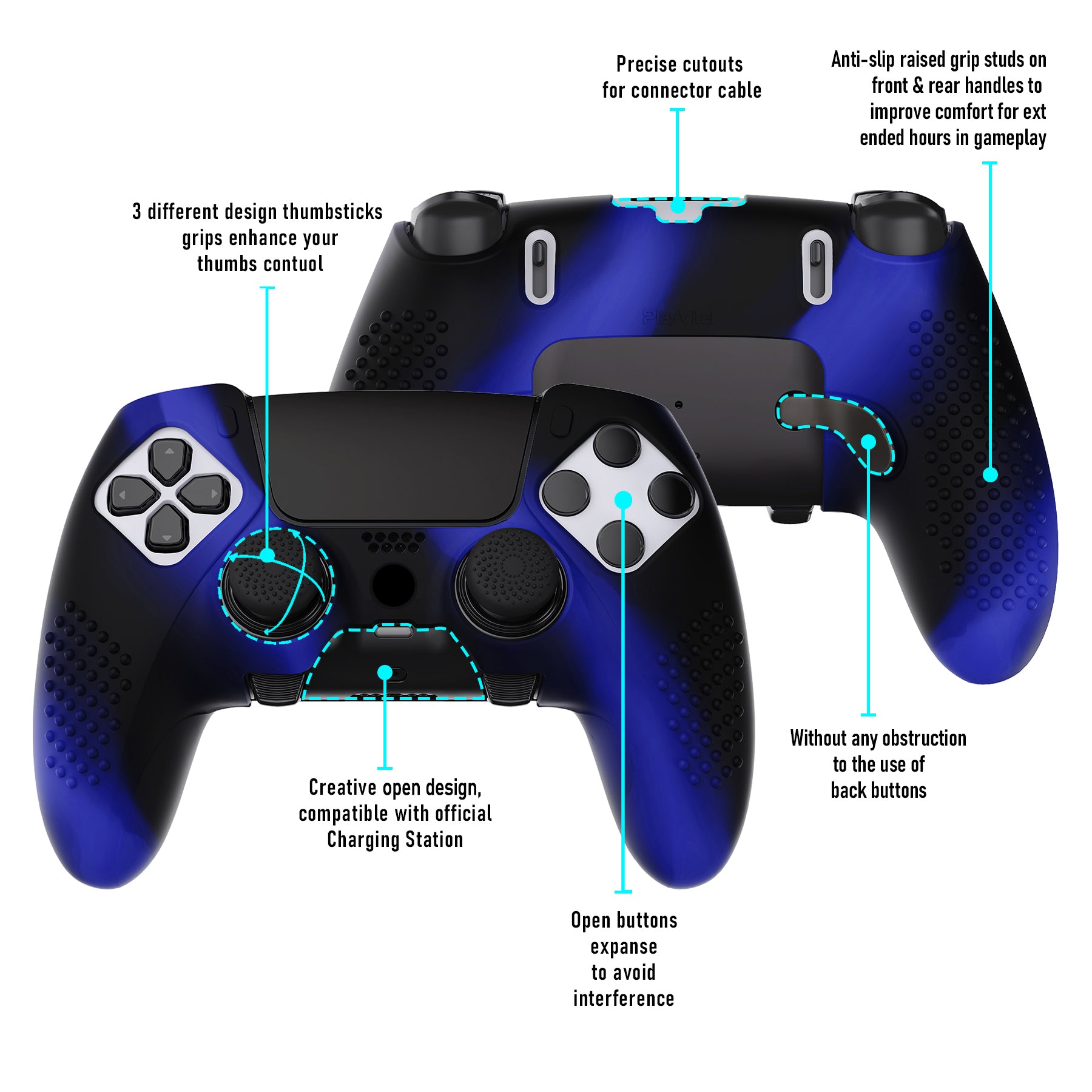 PlayVital 3D Studded Edition Anti-Slip Silicone Cover Case with Thumb Grip Caps for PS5 Edge Controller - Blue & Black - ETPFP006 PlayVital