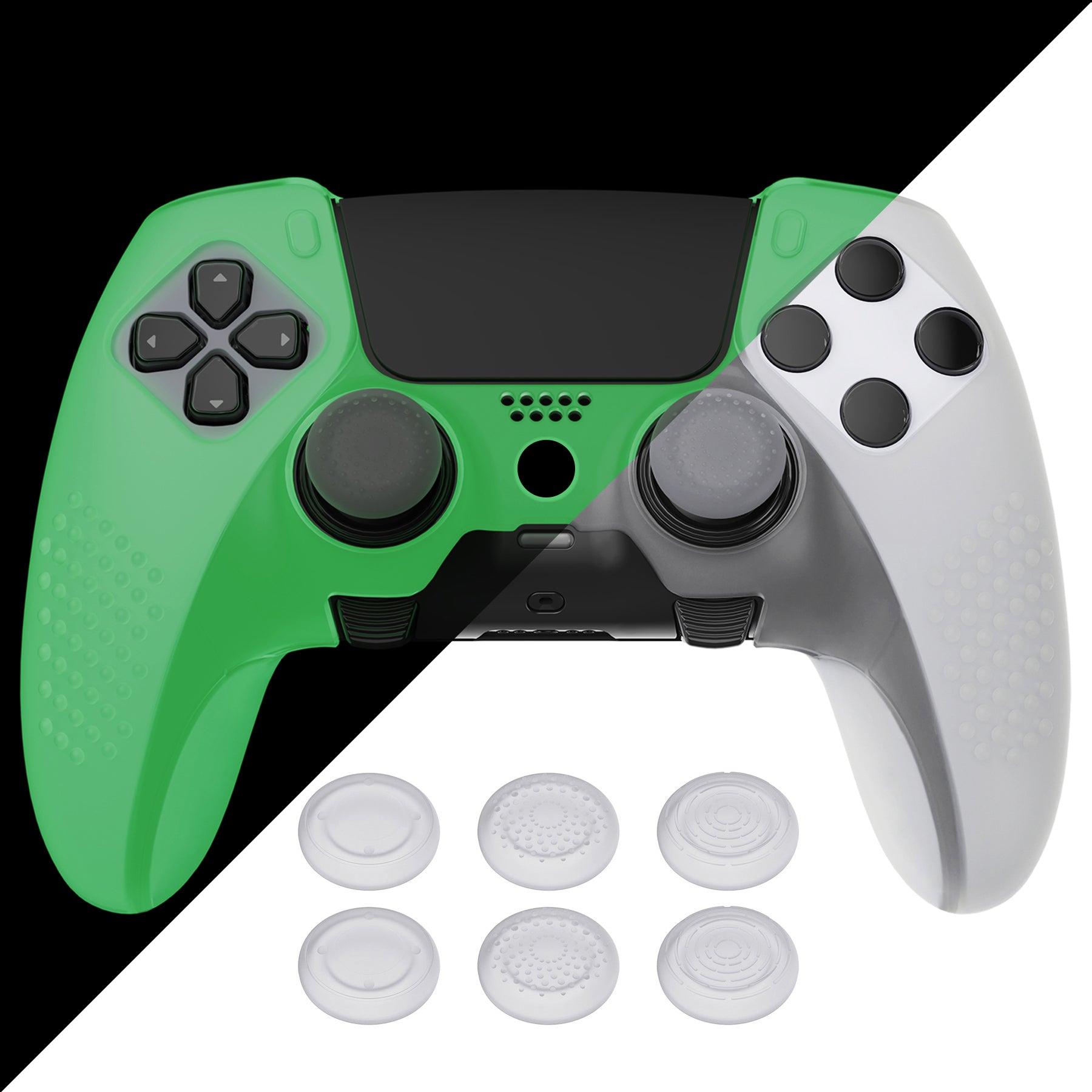PlayVital 3D Studded Edition Anti-Slip Silicone Cover Case with Thumb Grip Caps for PS5 Edge Controller - Glow in Dark - Green - ETPFP007 PlayVital