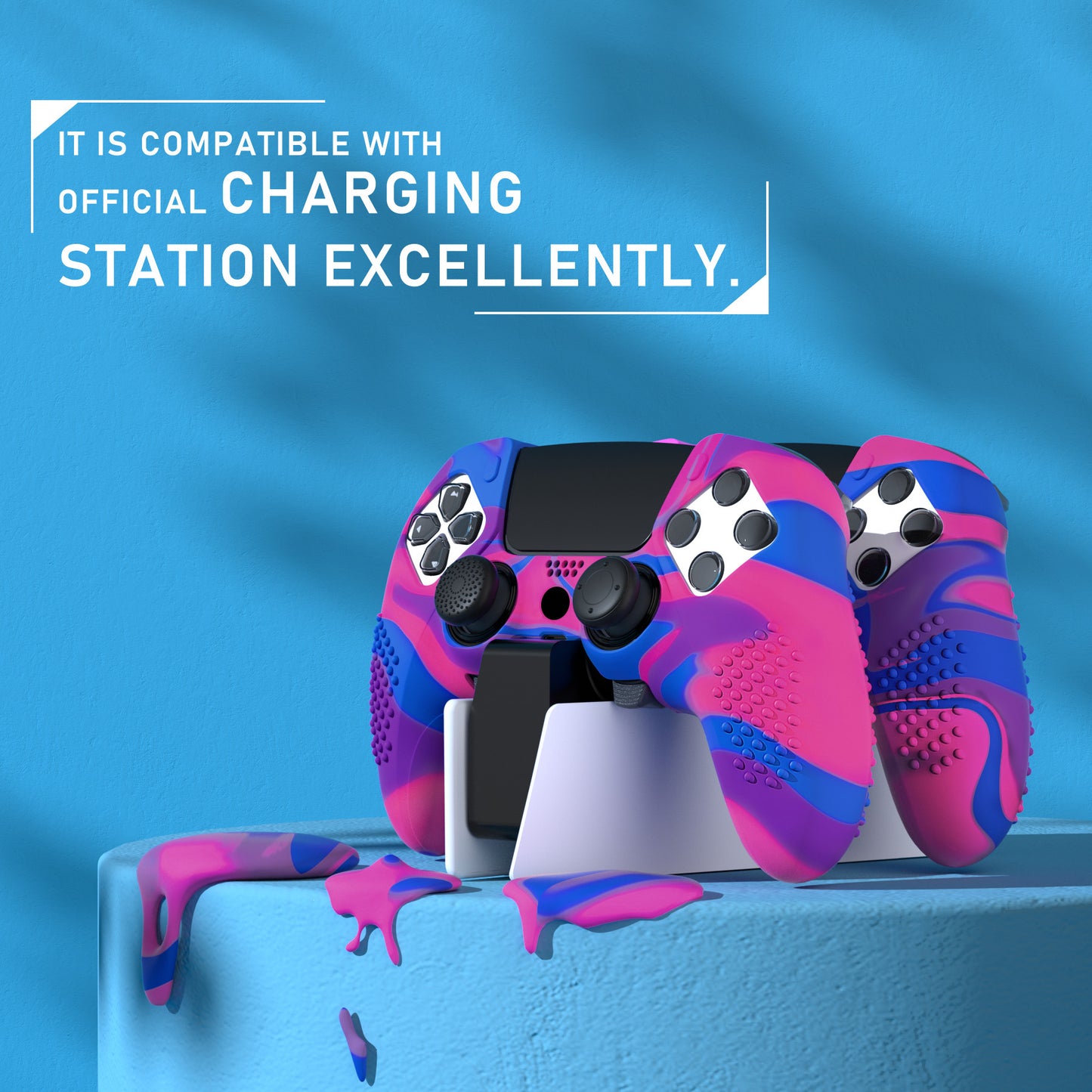 PlayVital 3D Studded Edition Anti-Slip Silicone Cover Case with Thumb Grip Caps for PS5 Edge Controller - Pink & Purple & Blue - ETPFP015 PlayVital