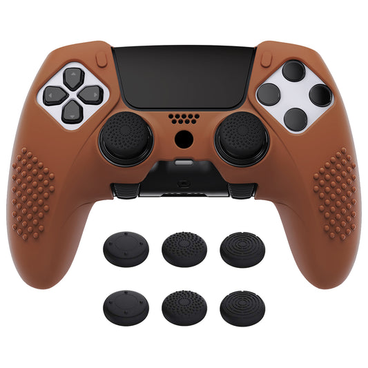 PlayVital 3D Studded Edition Anti-Slip Silicone Cover Case with Thumb Grip Caps for PS5 Edge Controller - Signal Brown - ETPFP016 PlayVital