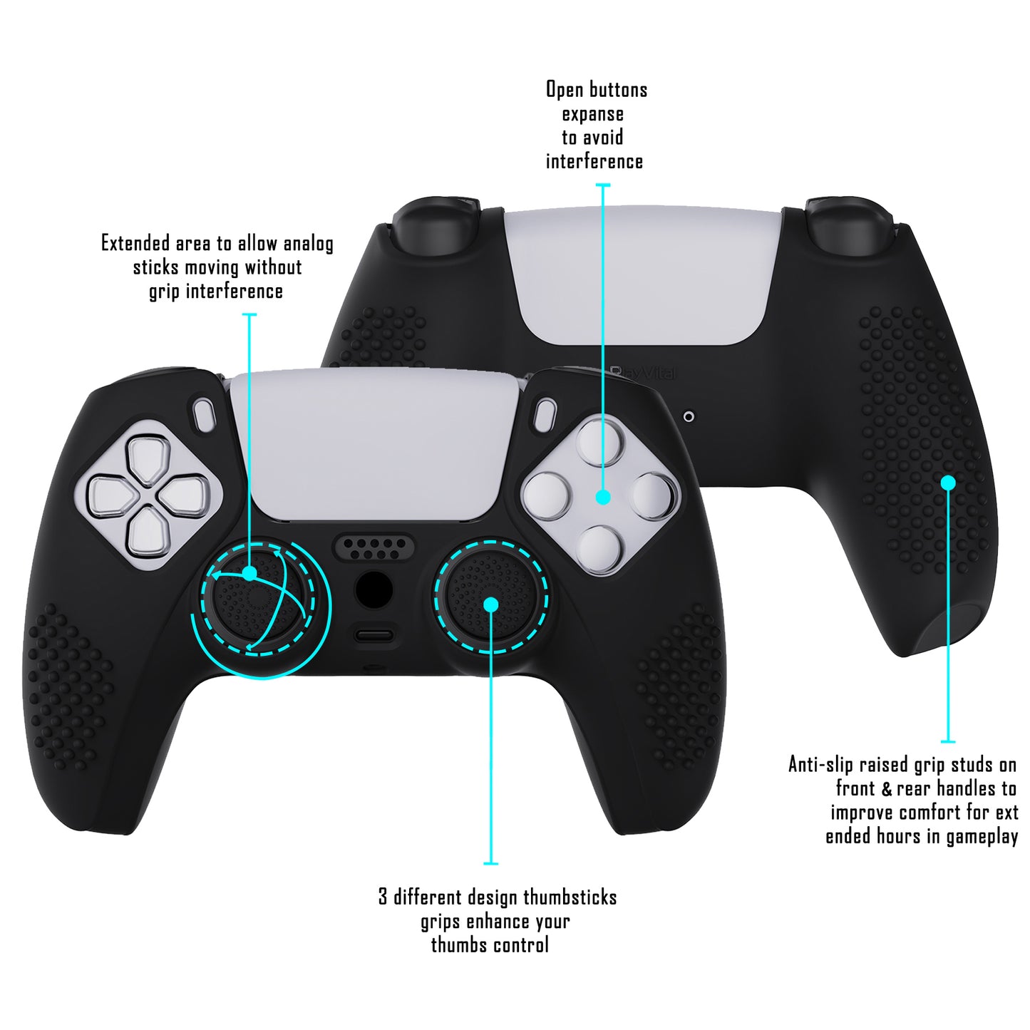 PlayVital 3D Studded Edition Anti-Slip Silicone Cover Skin with Thumb Grip Caps for PS5 Wireless Controller - Black - TDPF001 PlayVital