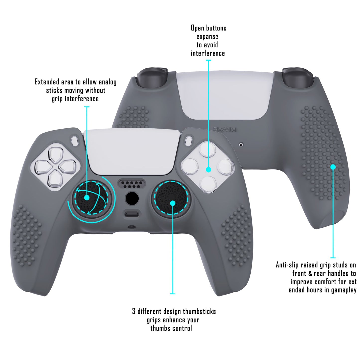 PlayVital 3D Studded Edition Anti-Slip Silicone Cover Skin with Thumb Grip Caps for PS5 Wireless Controller - Gray - TDPF006 PlayVital