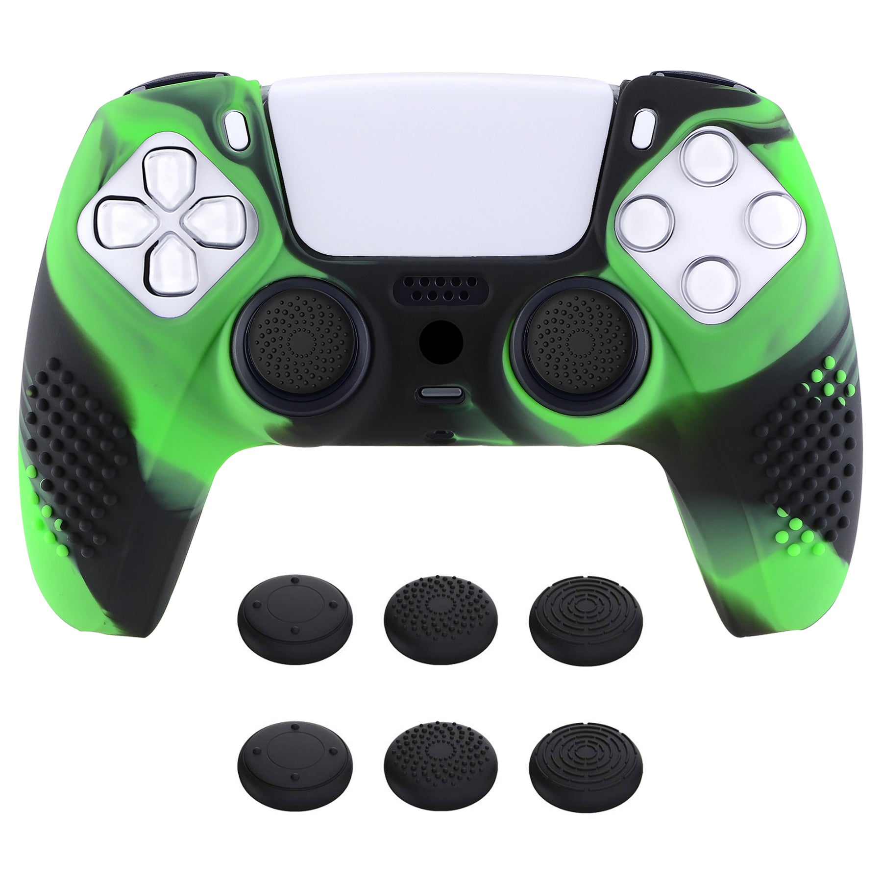 PlayVital 3D Studded Edition Anti-Slip Silicone Cover Skin with Thumb Grip Caps for PS5 Wireless Controller - Green & Black - TDPF024 PlayVital