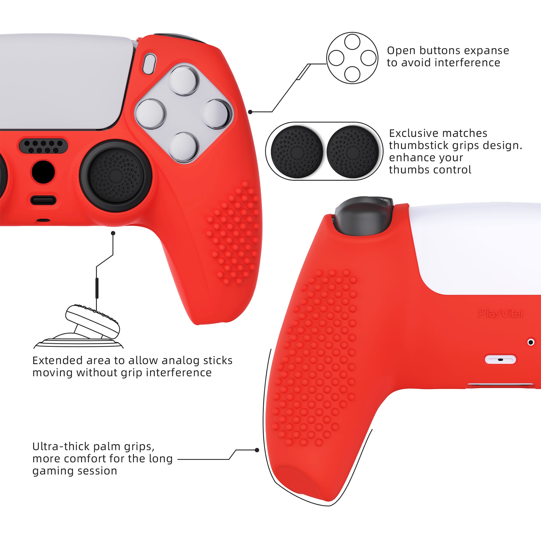 PlayVital 3D Studded Edition Anti-Slip Silicone Cover Skin with Thumb Grip Caps for PS5 Wireless Controller - Passion red - TDPF014 PlayVital