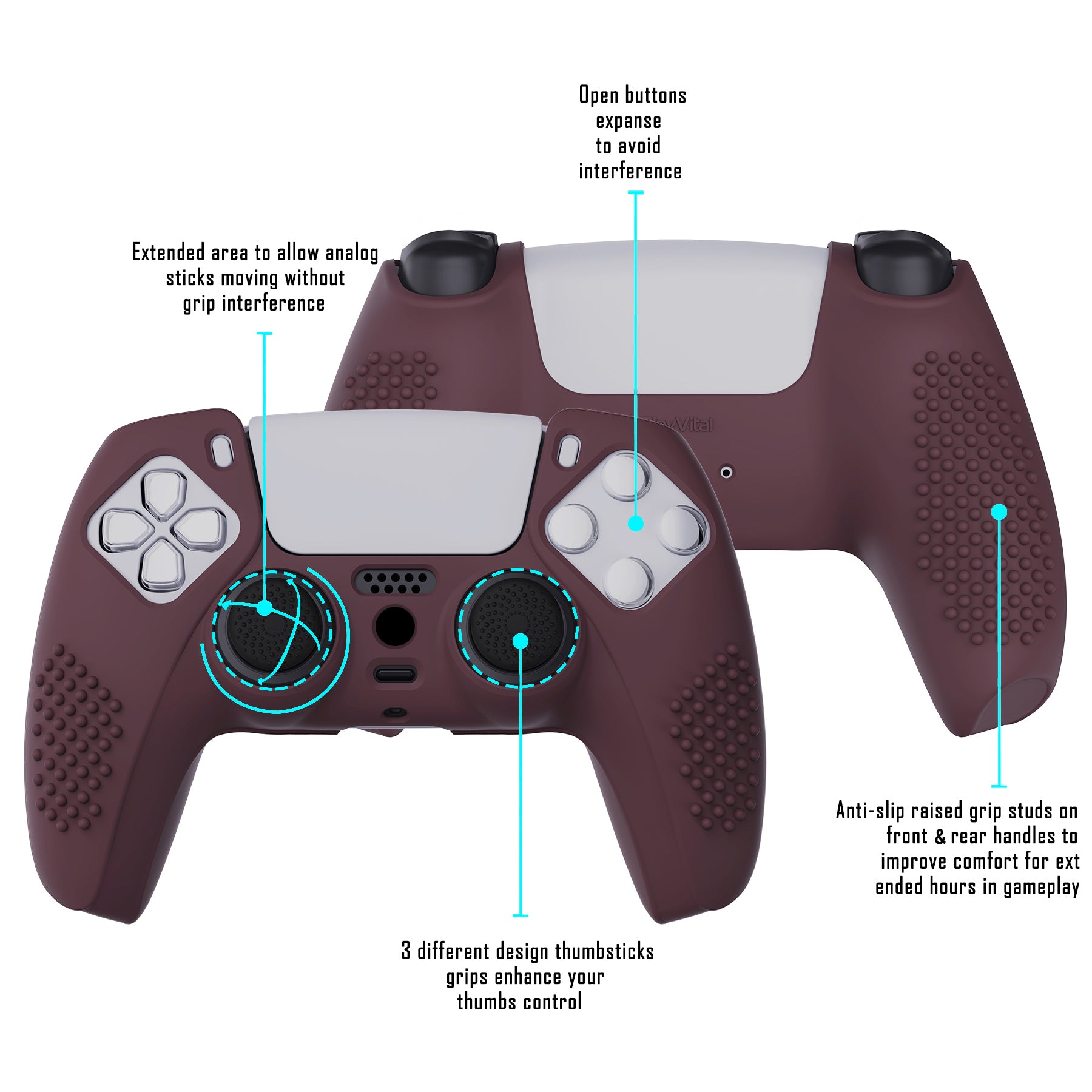 PlayVital 3D Studded Edition Anti-Slip Silicone Cover Skin with Thumb Grip Caps for PS5 Wireless Controller - Wine red - TDPF011 PlayVital