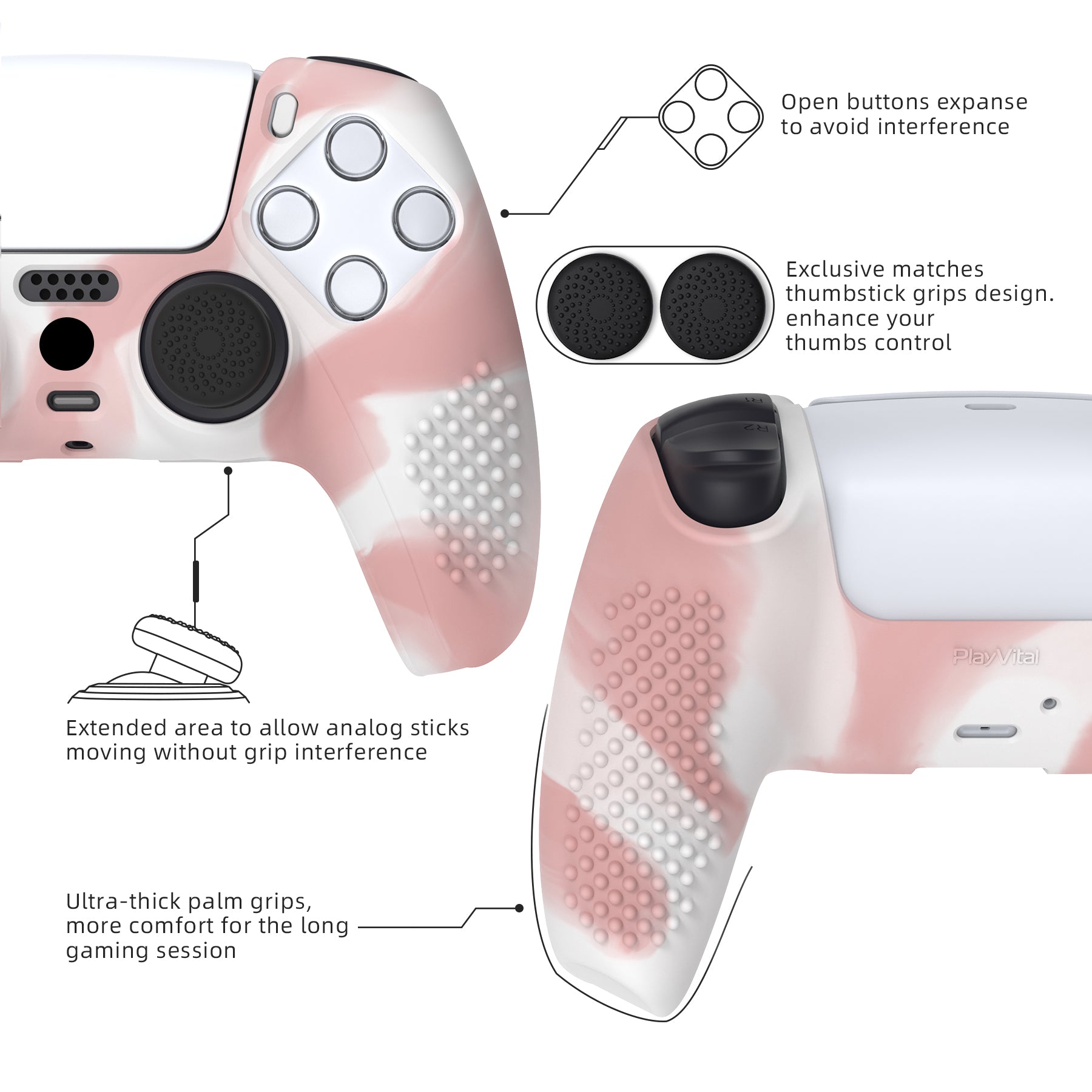 PlayVital 3D Studded Edition Anti-Slip Silicone Cover Skin with Thumb Grip Caps for PS5 Wireless Controller - Pink & White - TDPF038 PlayVital