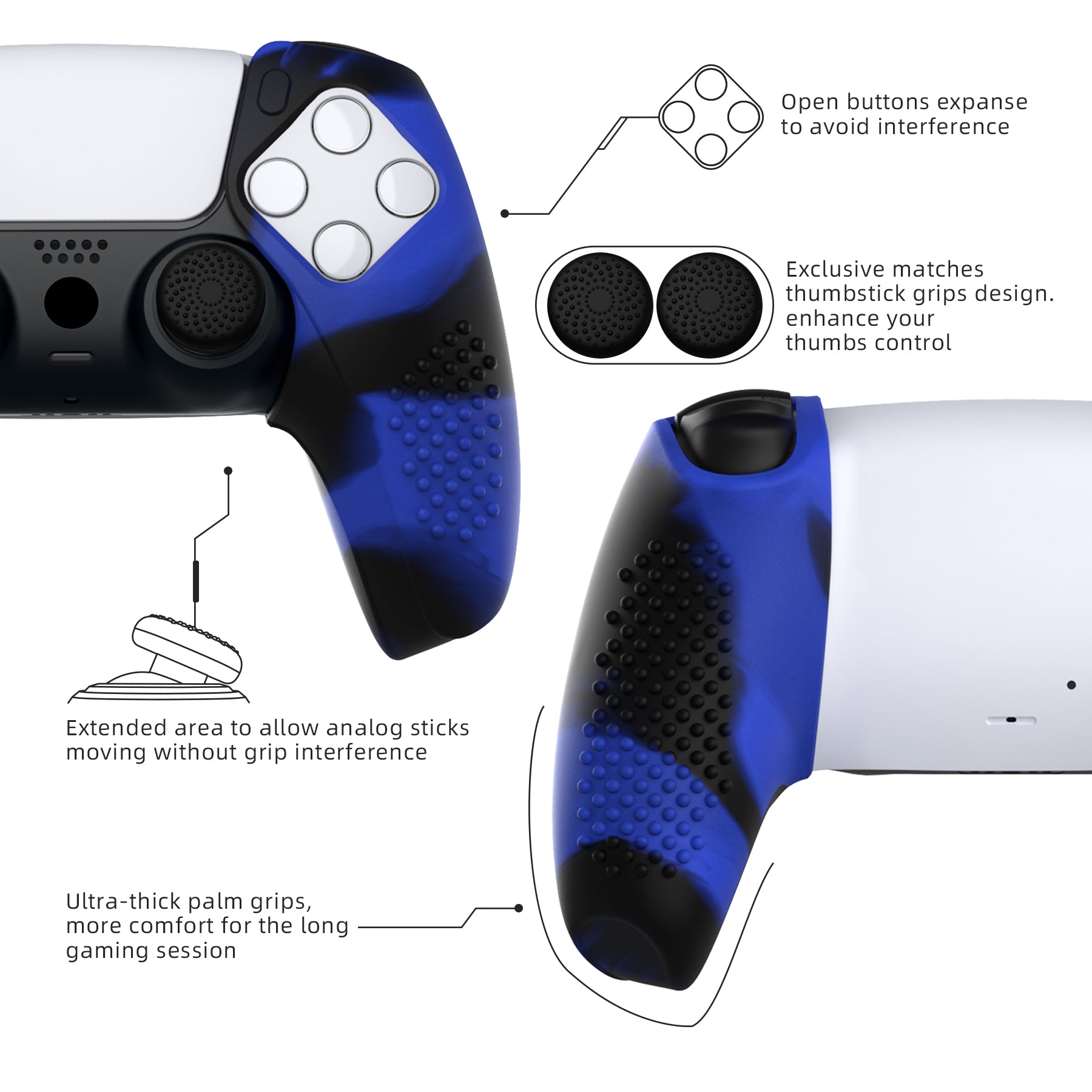 PlayVital 3D Studded Edition Anti-Slip Silicone Cover Skin with Thumb Grip Caps for PS5 Wireless Controller, Compatible with Charging Station - Blue & Black - TDPF040 PlayVital