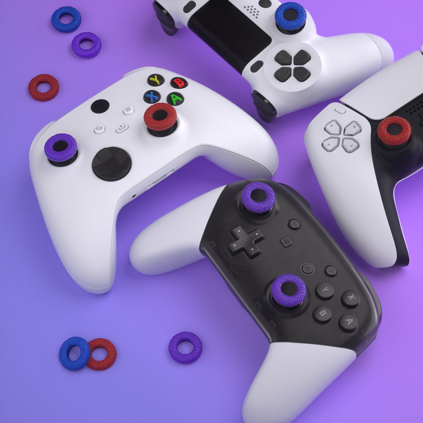 PlayVital 3 Pairs Silicone Thumbstick Rings for PS5 & PS4 & Xbox Series X/S & Xbox One/Elite Series 2 Core & Switch Pro Controller - Red & Blue & Purple - PFPJ145 PlayVital