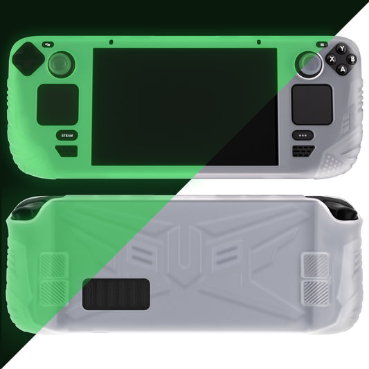 PlayVital Armor Series Protective Case for Steam Deck LCD, Soft Cover Silicone Protector for Steam Deck with Back Button Enhancement Designed & Thumb Grips Caps - Glow in Dark - Green - XFSDP004 PlayVital
