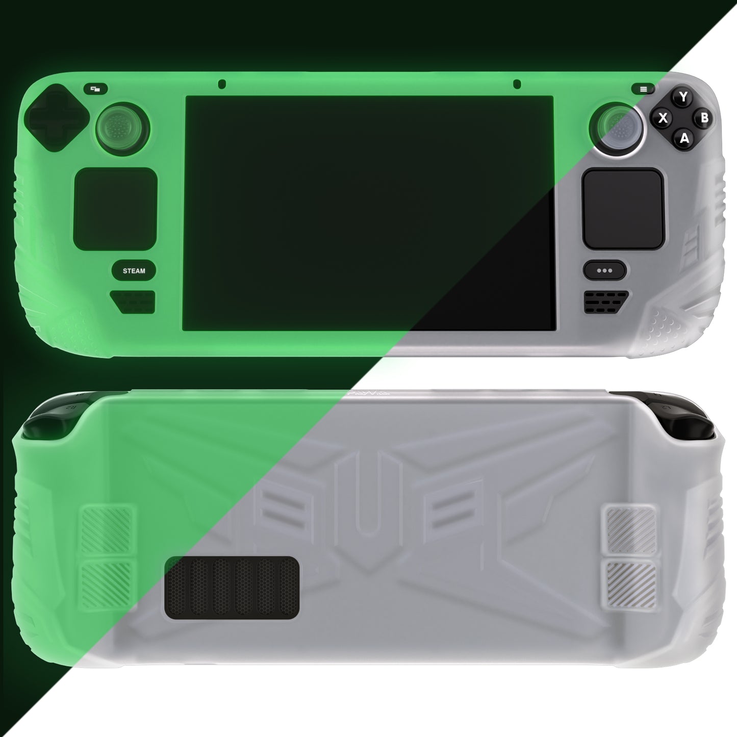 PlayVital Armor Series Soft Silicone Case Protector with Thumb Grips Caps for Steam Deck LCD - Back Button Enhancement Designed - Glow in Dark - Green