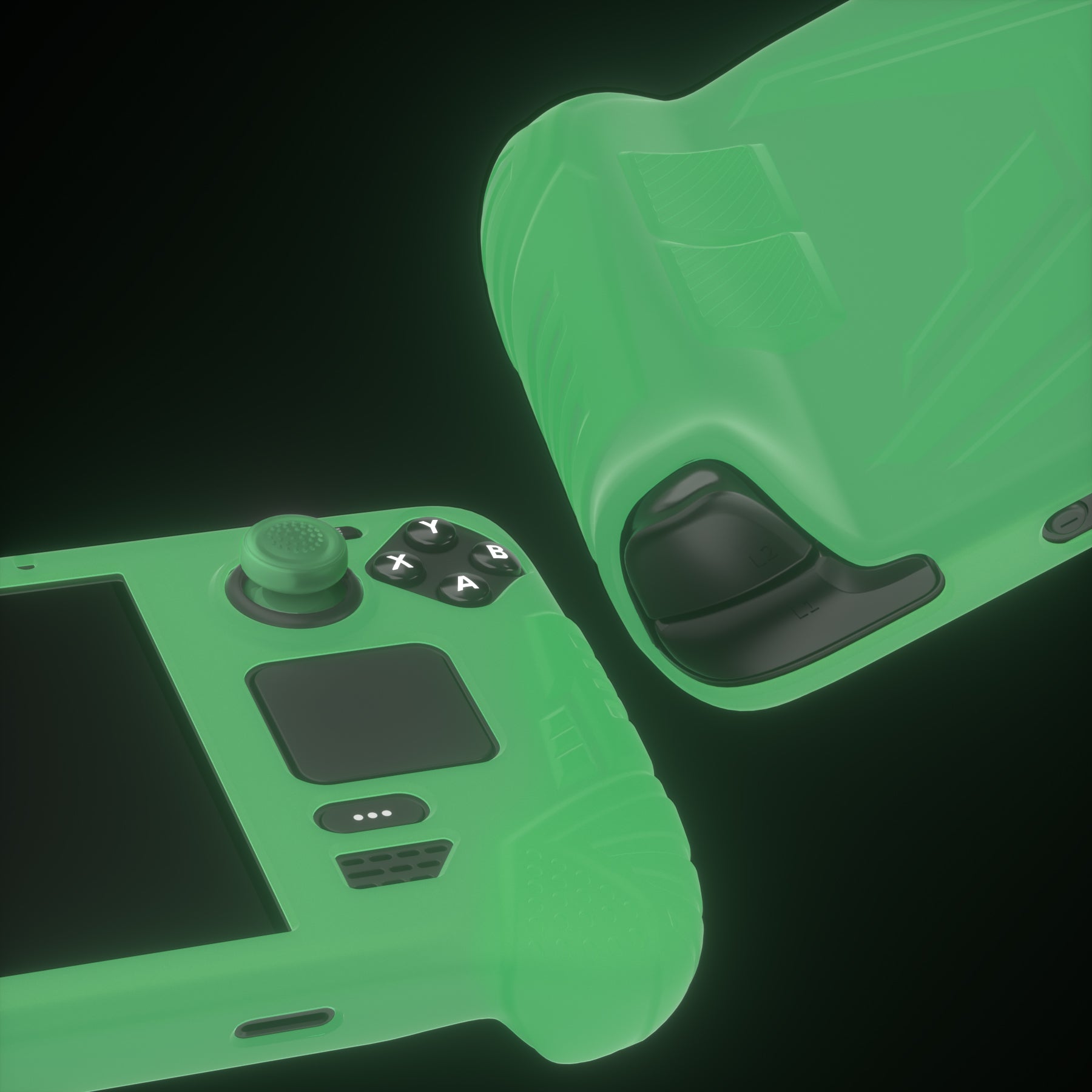 PlayVital Armor Series Soft Silicone Case Protector with Thumb Grips Caps for Steam Deck LCD - Back Button Enhancement Designed - Glow in Dark - Green - XFSDP004 PlayVital