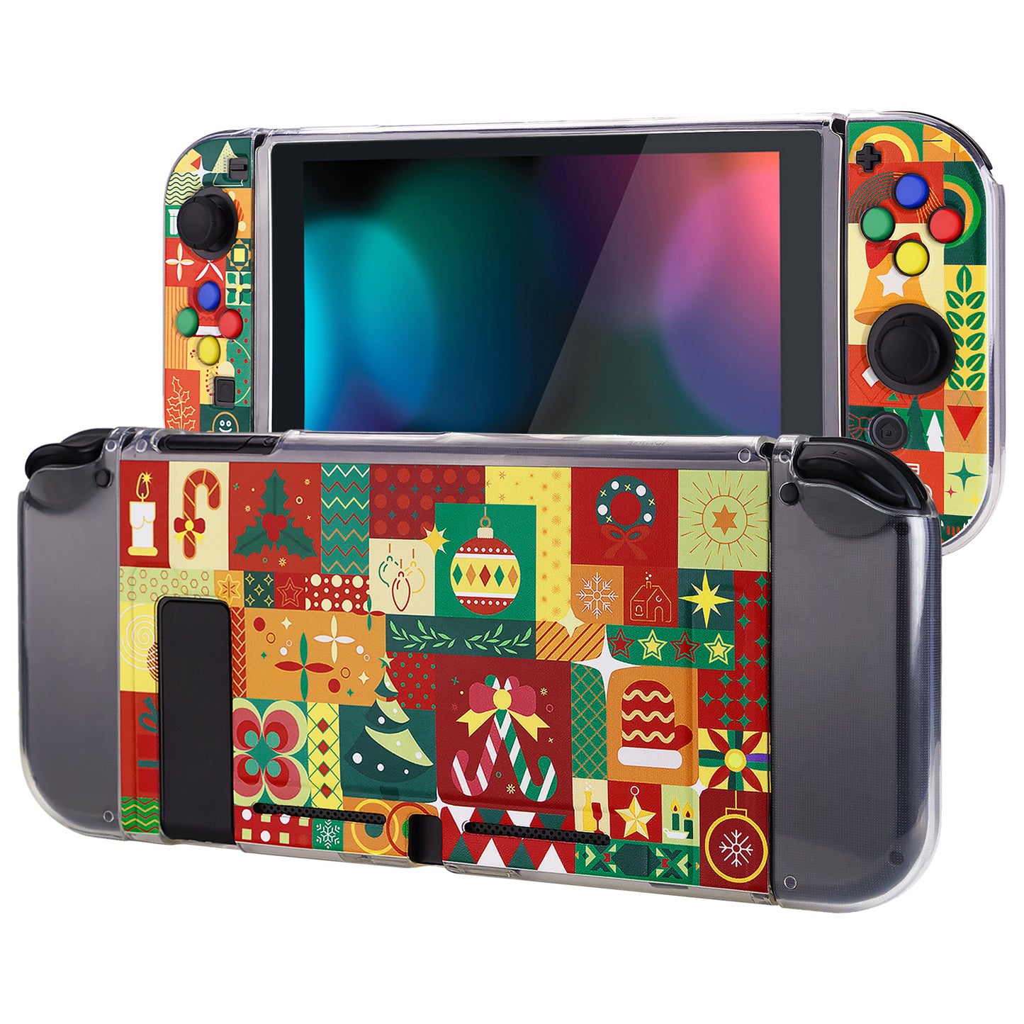PlayVital Soft TPU Slim Protective Case with Colorful ABXY Direction Button Caps for NS Switch - Christmas Wrap - NTU6042G2