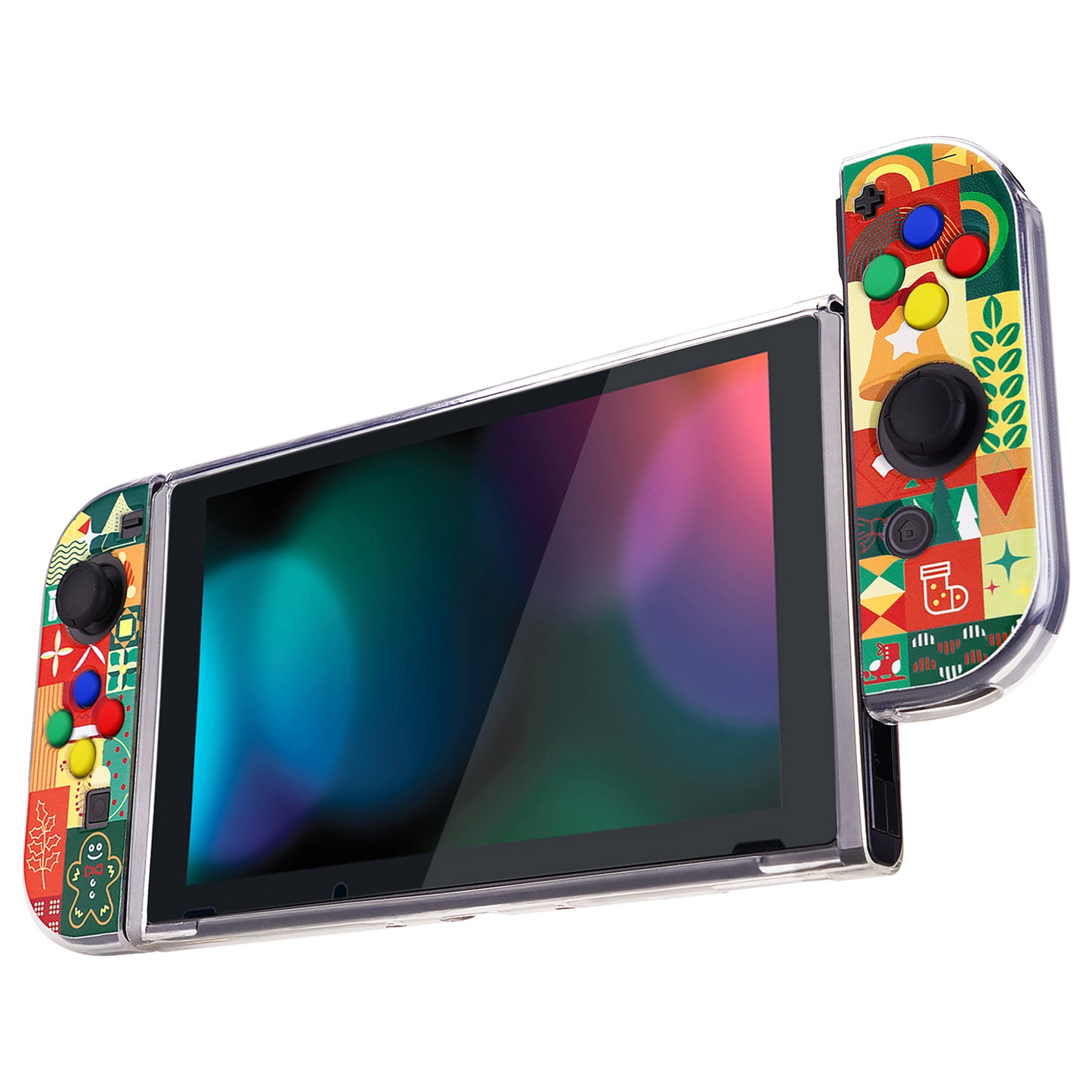 PlayVital Christmas Wrap Protective Case for NS, Soft TPU Slim Case Cover for NS Console with Colorful ABXY Direction Button Caps - NTU6042G2