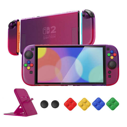 PlayVital Clear Series Hard Shell Protective Case with Foldable Stand & Thumb Grips for Nintendo Switch 2 - Clear Atomic Purple Rose Red PlayVital