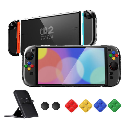 PlayVital Clear Series Hard Shell Protective Case with Foldable Stand & Thumb Grips for Nintendo Switch 2 - Transparent PlayVital