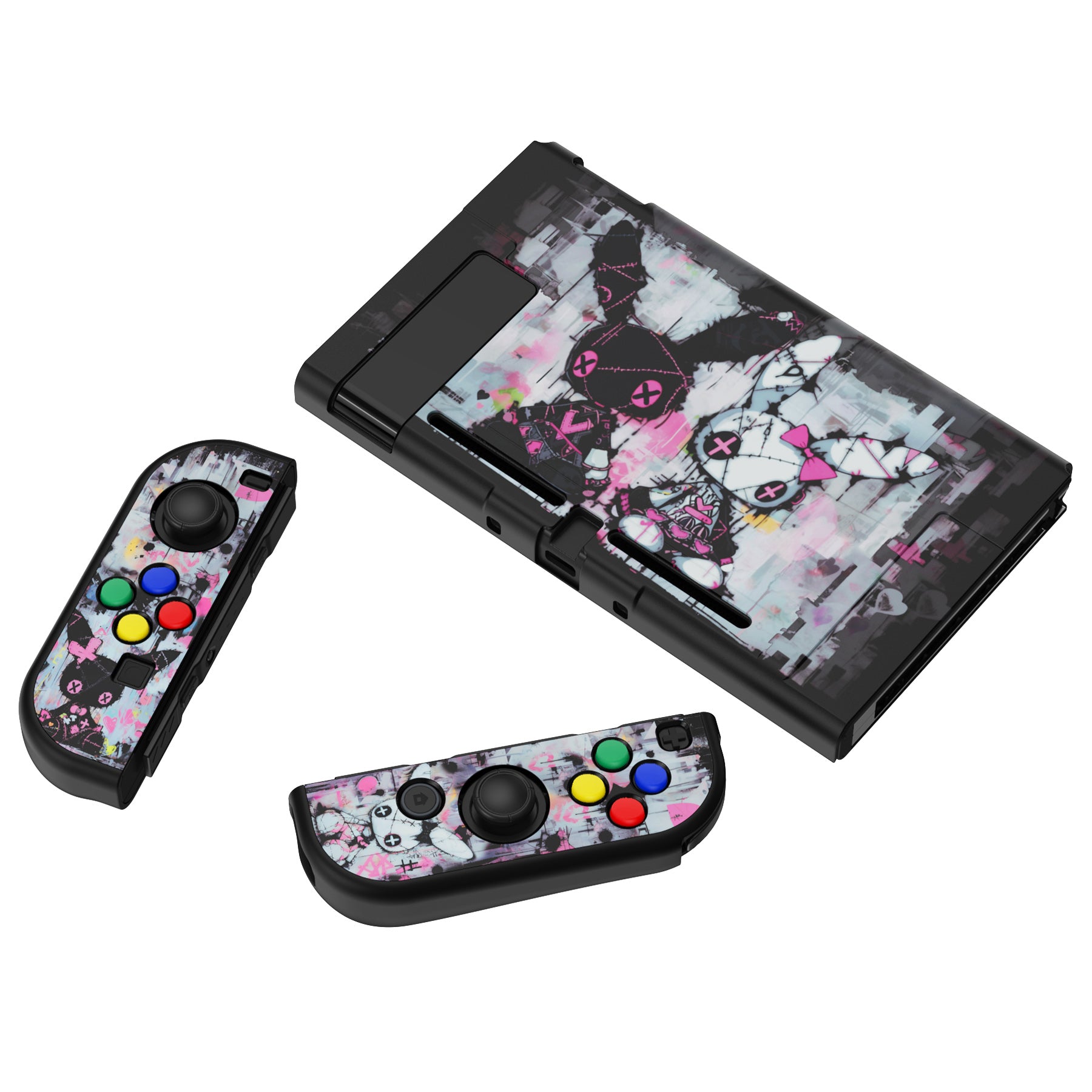 PlayVital Customized Dockable Hard Shell Protective Case with Colorful ABXY Direction Button Caps for Nintendo Switch Console - Lovely Punky Bunny PlayVital