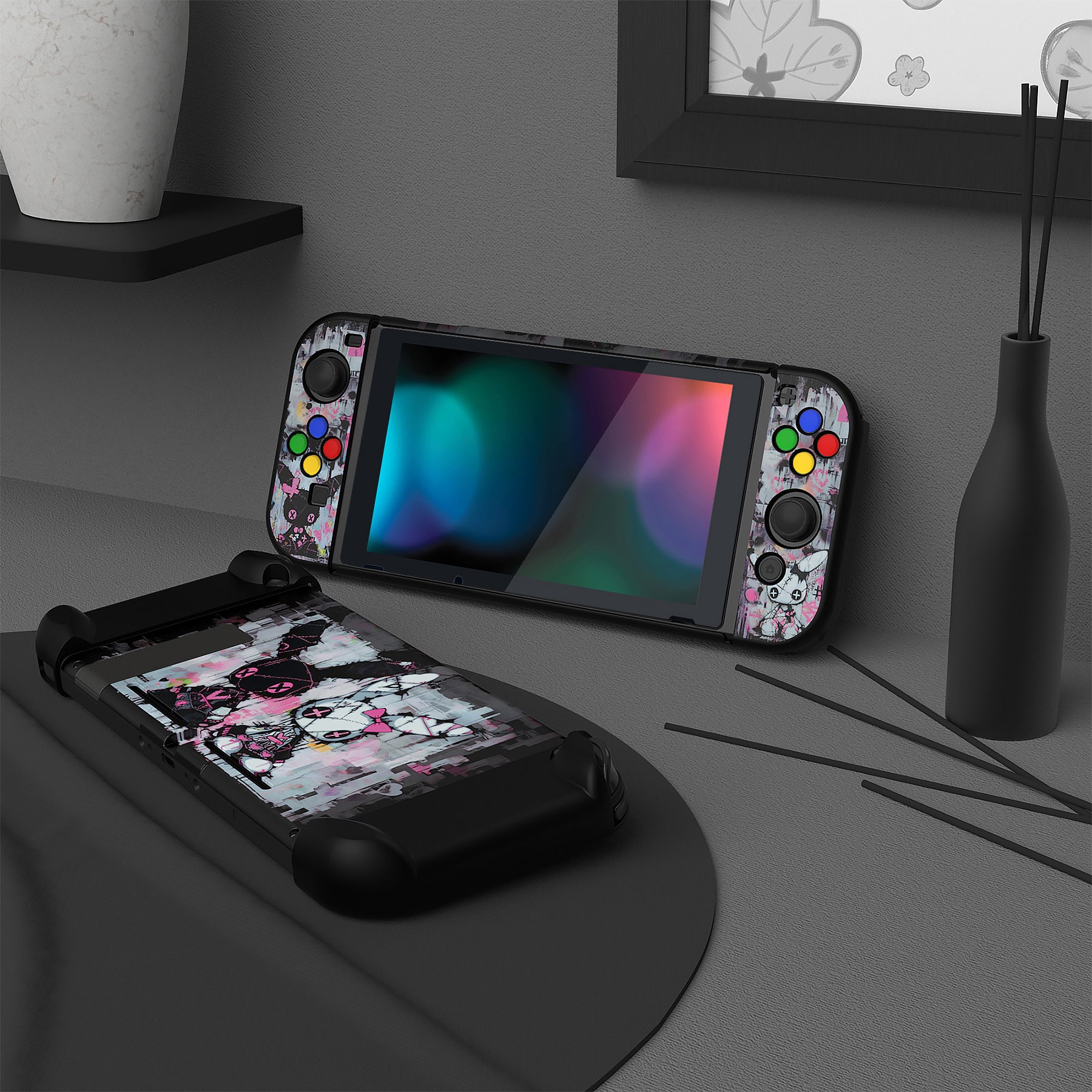 PlayVital Customized Dockable Hard Shell Protective Case with Colorful ABXY Direction Button Caps for Nintendo Switch Console - Lovely Punky Bunny PlayVital