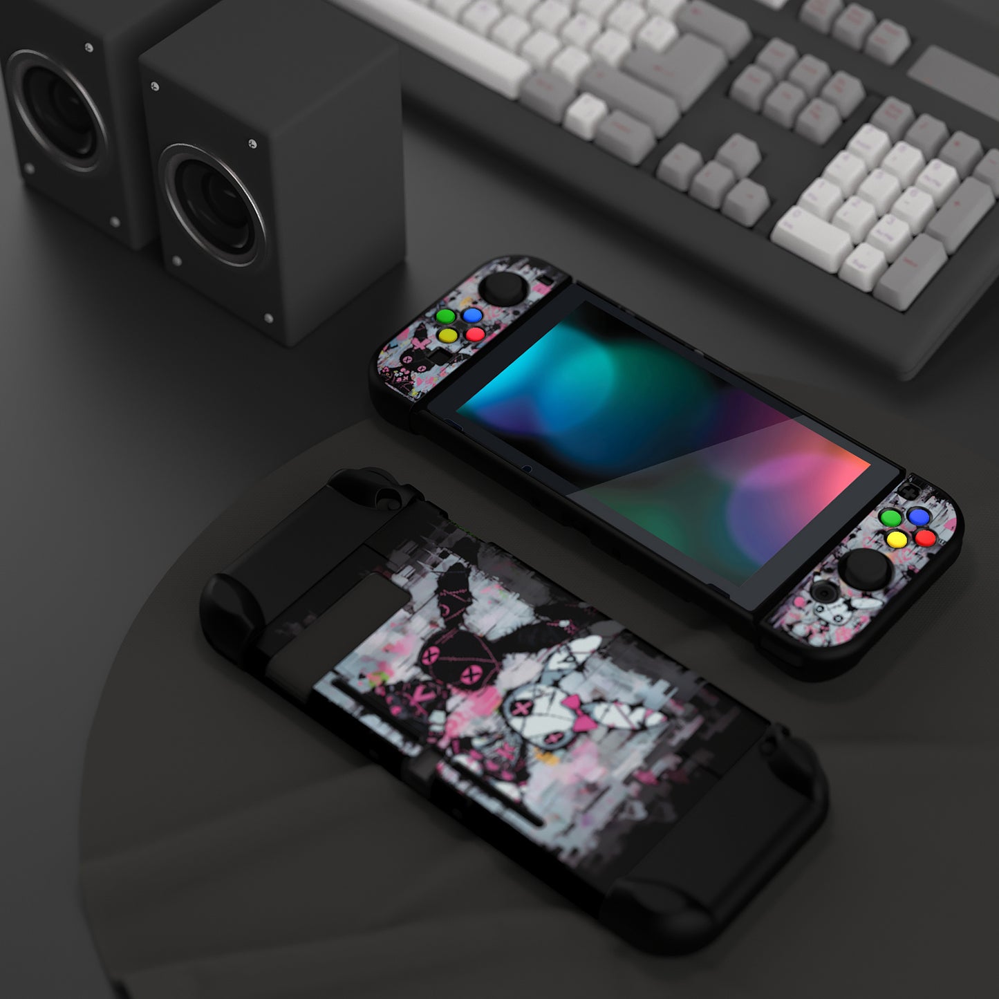PlayVital Customized Dockable Hard Shell Protective Case with Colorful ABXY Direction Button Caps for Nintendo Switch Console - Lovely Punky Bunny PlayVital