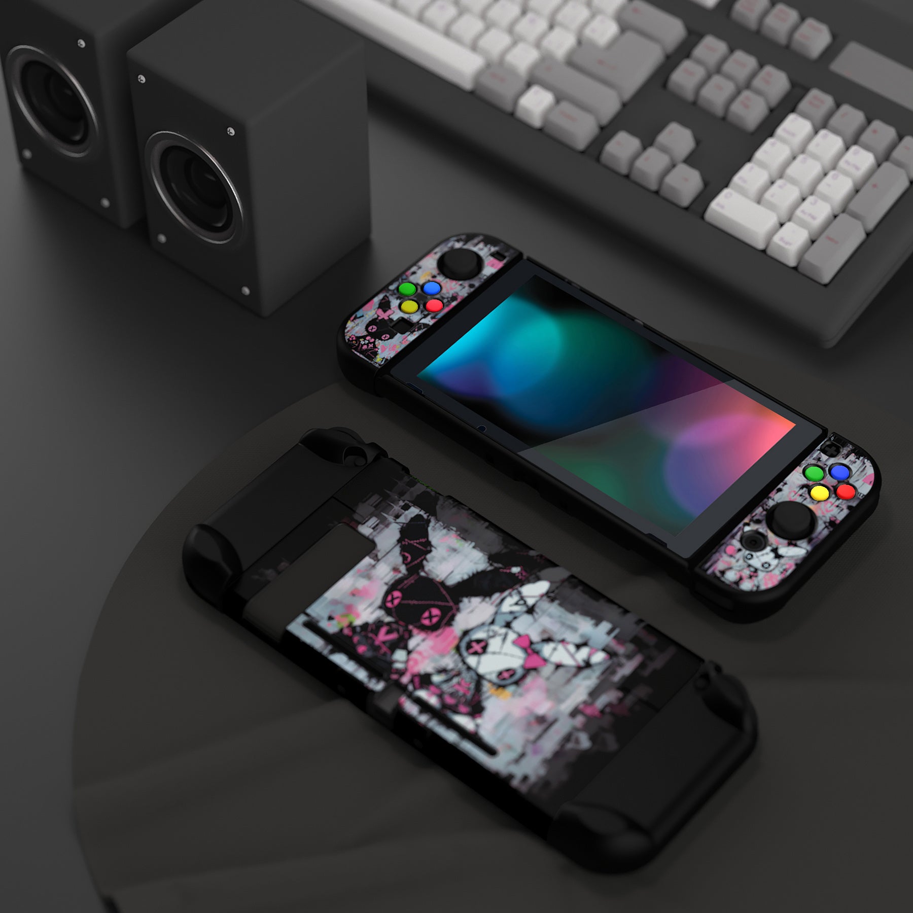 PlayVital Customized Dockable Hard Shell Protective Case with Colorful ABXY Direction Button Caps for Nintendo Switch Console - Lovely Punky Bunny PlayVital
