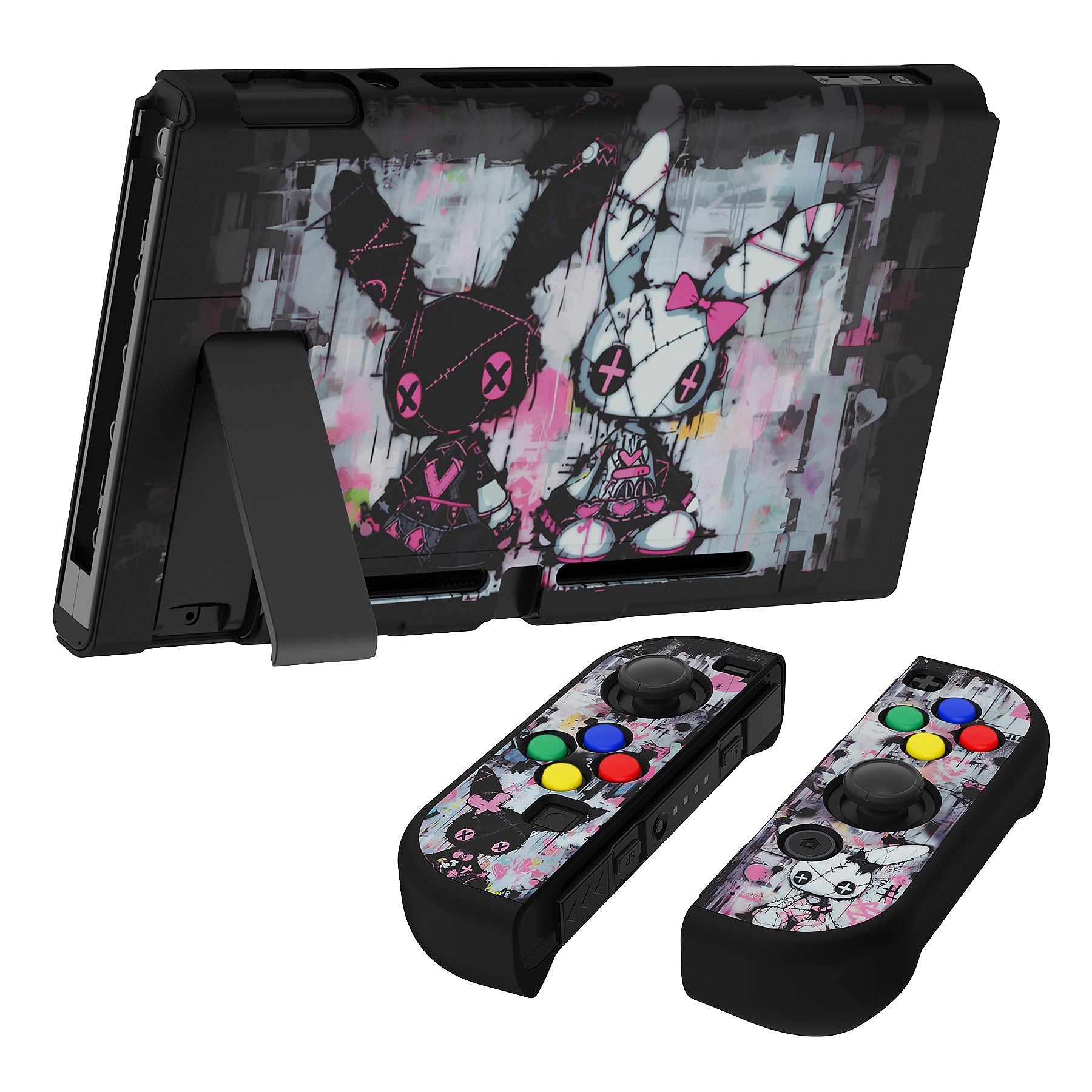 PlayVital Customized Dockable Hard Shell Protective Case with Colorful ABXY Direction Button Caps for Nintendo Switch Console - Lovely Punky Bunny PlayVital