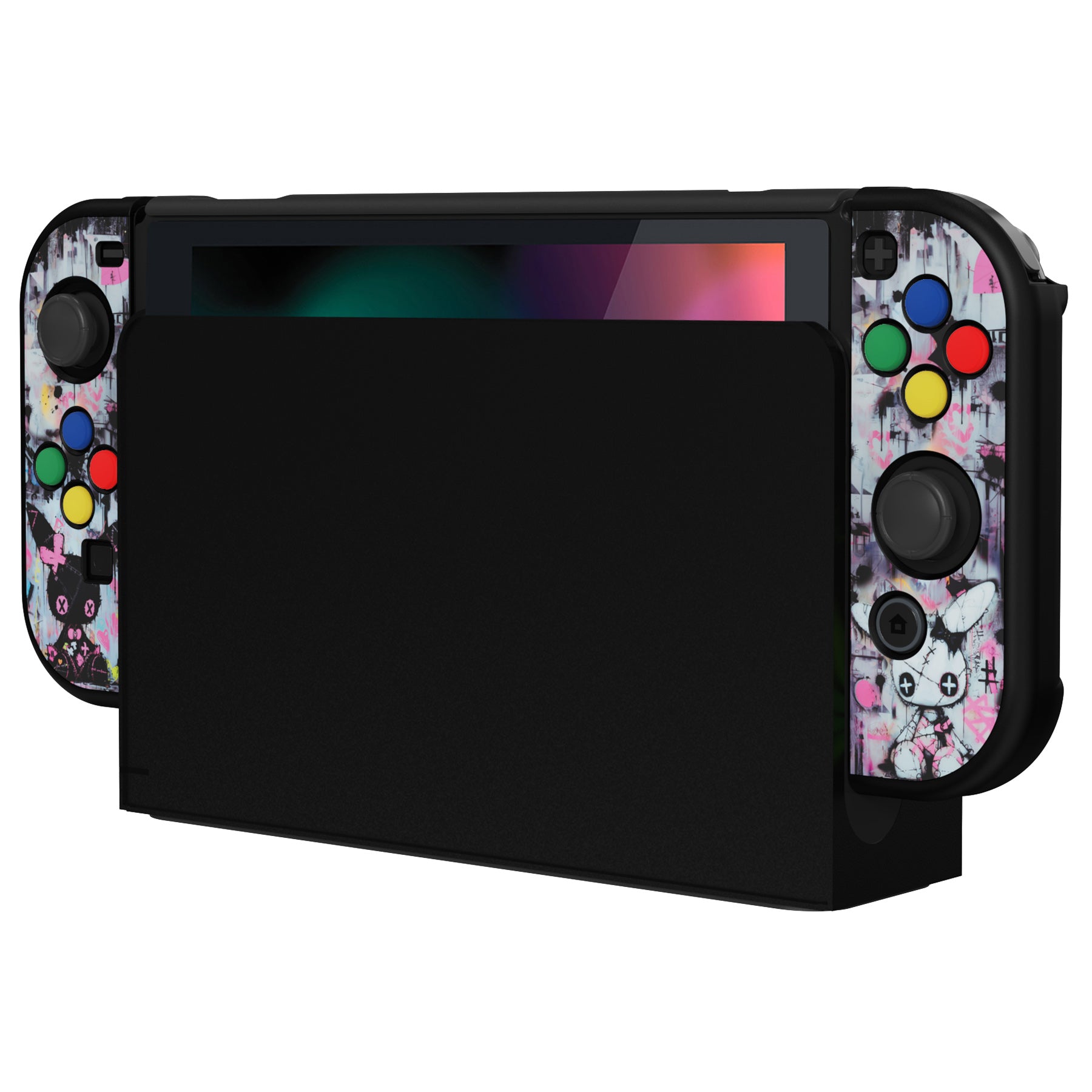 PlayVital Customized Dockable Hard Shell Protective Case with Colorful ABXY Direction Button Caps for Nintendo Switch Console - Lovely Punky Bunny PlayVital
