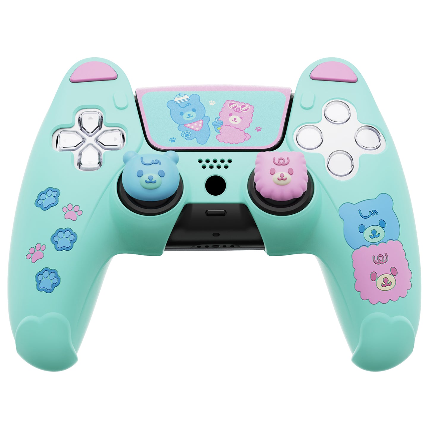 PlayVital Cute Bear Controller Silicone Case with Thumb Grips for PS5 Wireless Controller, Compatible with Charging Station - Green & Pink - UYBPFP004 PlayVital