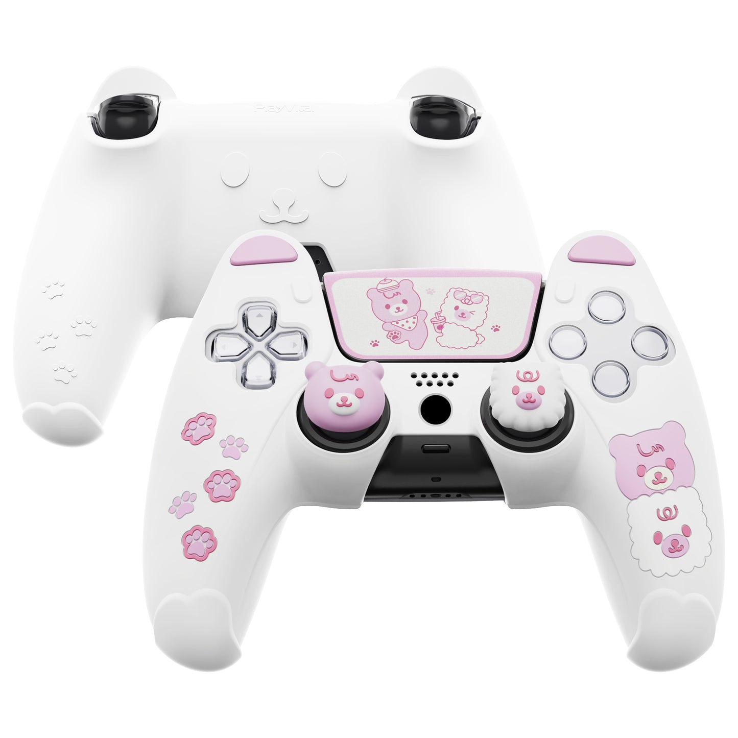 PlayVital Cute Bear Controller Silicone Case with Thumb Grips for PS5 Wireless Controller, Compatible with Charging Station - White & Pink - UYBPFP003 PlayVital