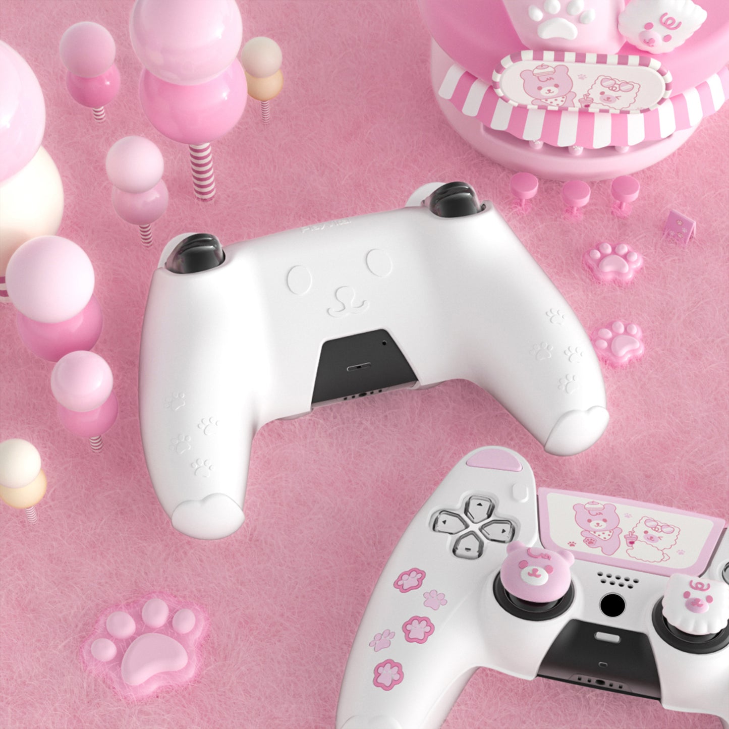 PlayVital Cute Bear Controller Silicone Case with Thumb Grips for PS5 Wireless Controller, Compatible with Charging Station - White & Pink - UYBPFP003 PlayVital