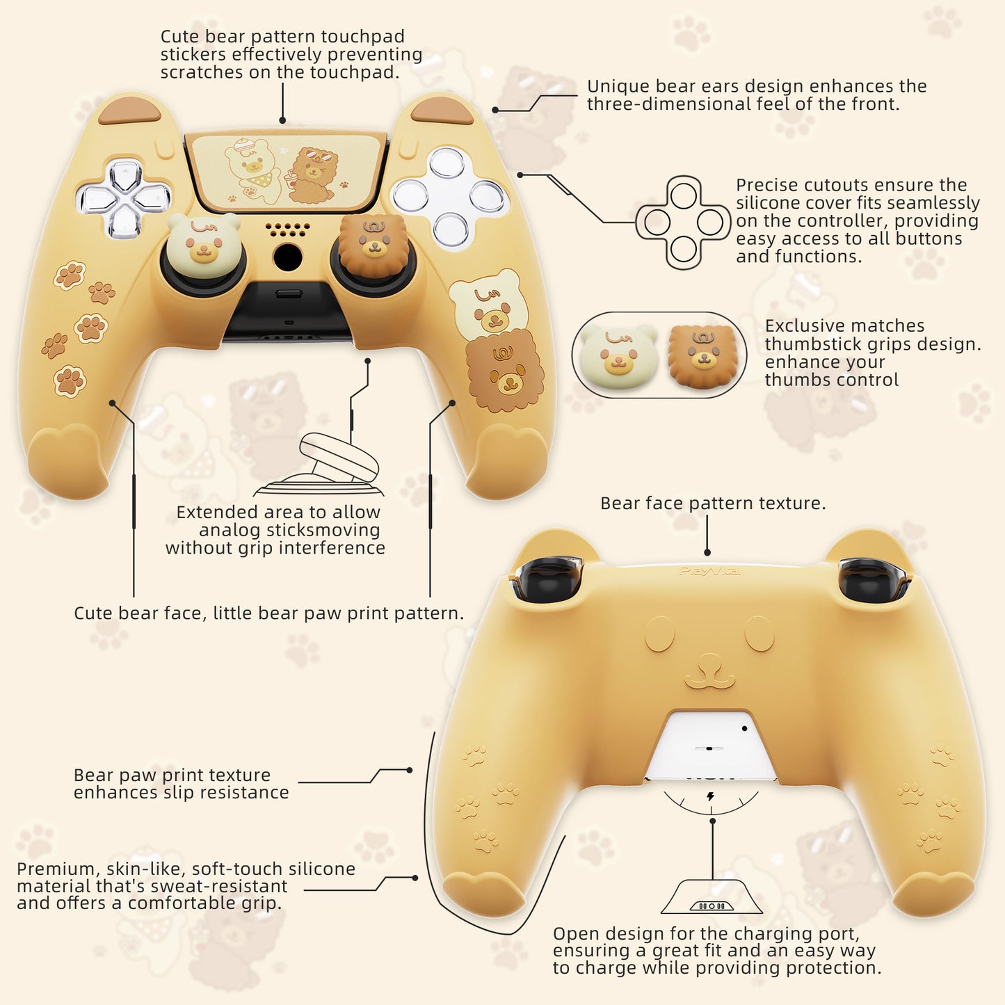 PlayVital Cute Bear Controller Silicone Case with Thumb Grips for PS5 Wireless Controller, Compatible with Charging Station - Yellow & Brown - UYBPFP001 PlayVital