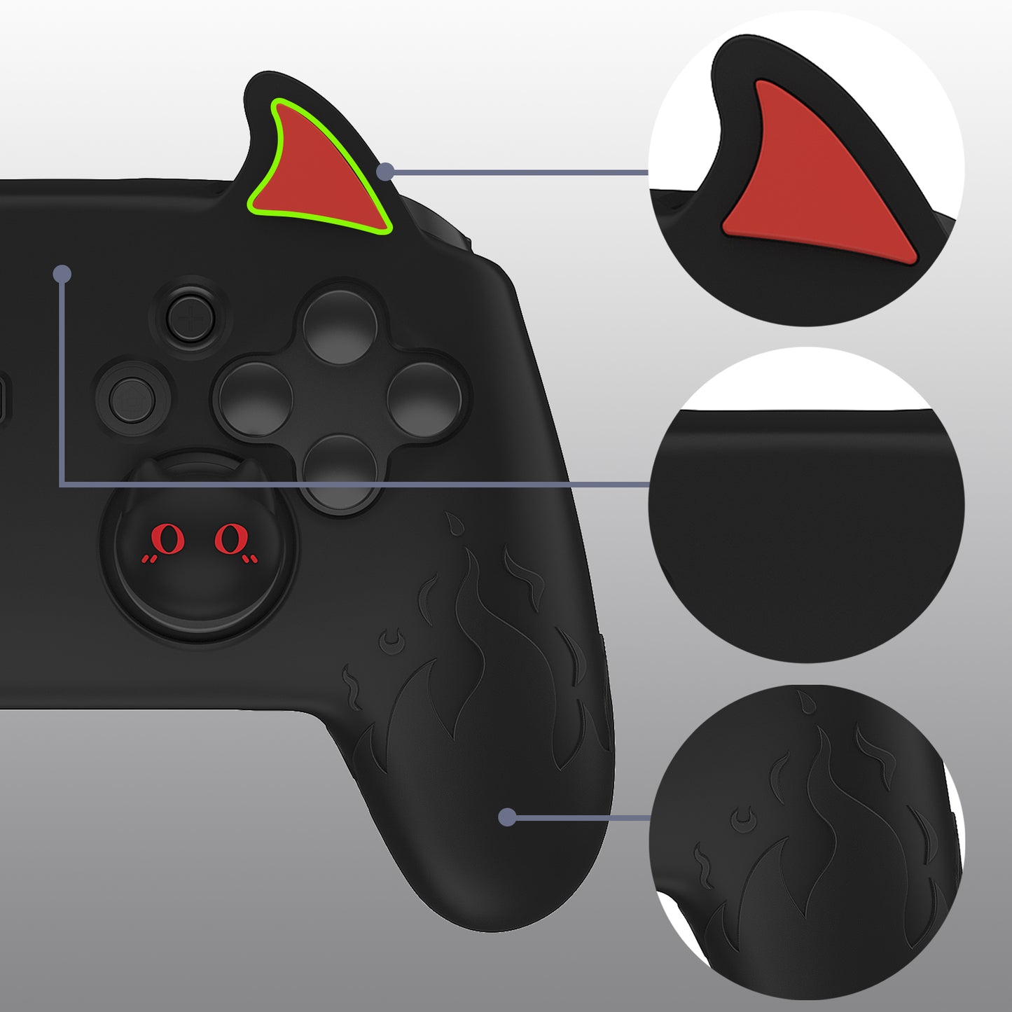 PlayVital Cute Demon Anti-Slip Silicone Grip Cover with Thumb Grips and Stickers for Nintendo Switch Pro Controller - Black PlayVital