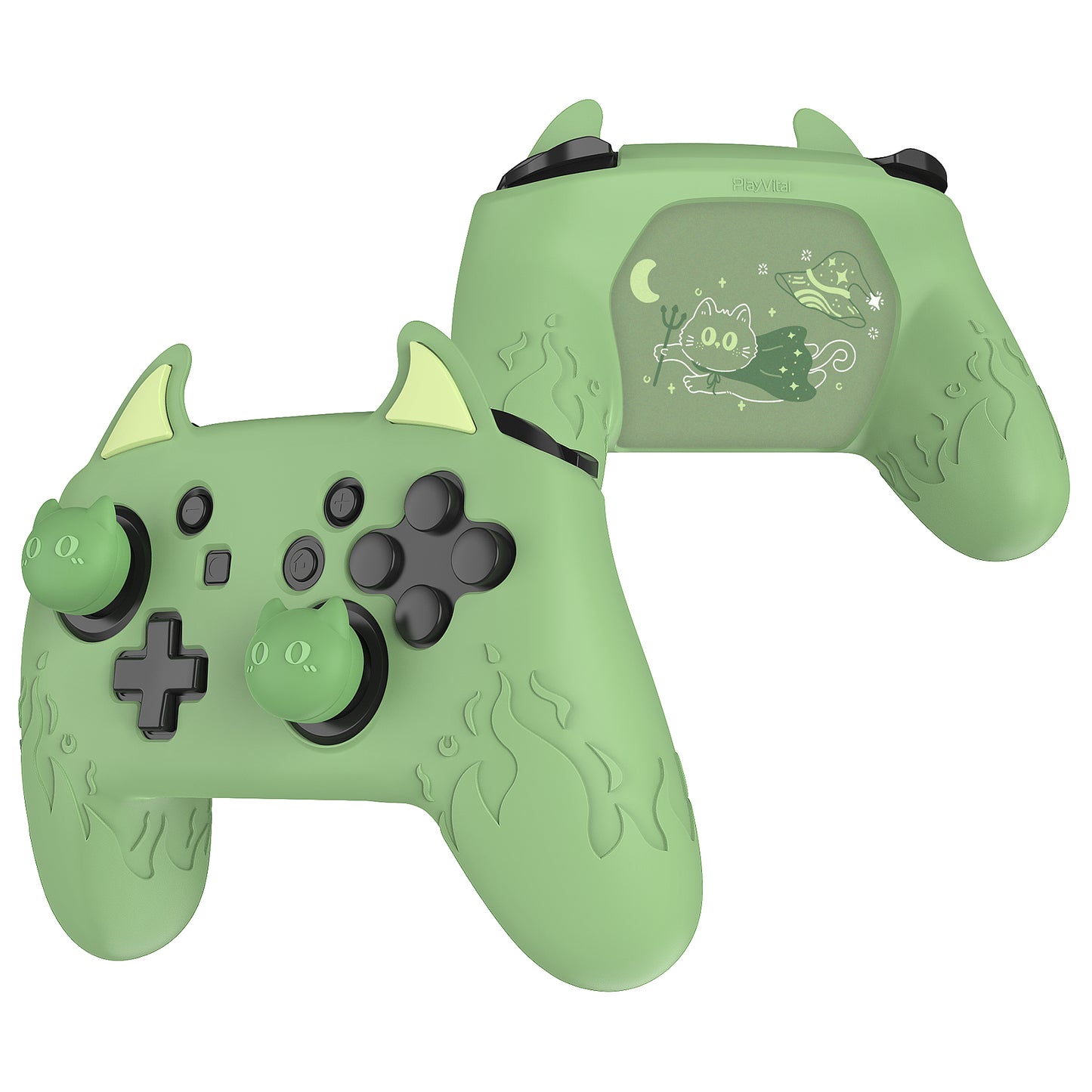 PlayVital Cute Demon Anti-Slip Silicone Grip Cover with Thumb Grips and Stickers for Nintendo Switch Pro Controller - Matcha Green PlayVital