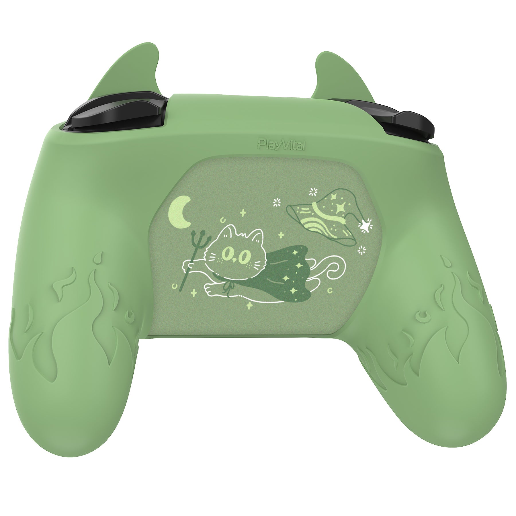 PlayVital Cute Demon Anti-Slip Silicone Grip Cover with Thumb Grips and Stickers for Nintendo Switch Pro Controller - Matcha Green PlayVital