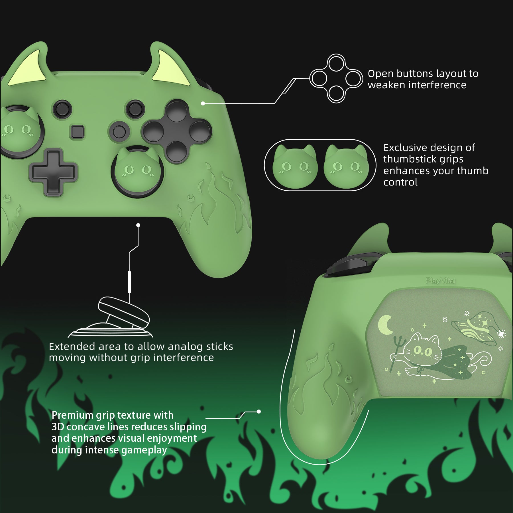 PlayVital Cute Demon Anti-Slip Silicone Grip Cover with Thumb Grips and Stickers for Nintendo Switch Pro Controller - Matcha Green PlayVital