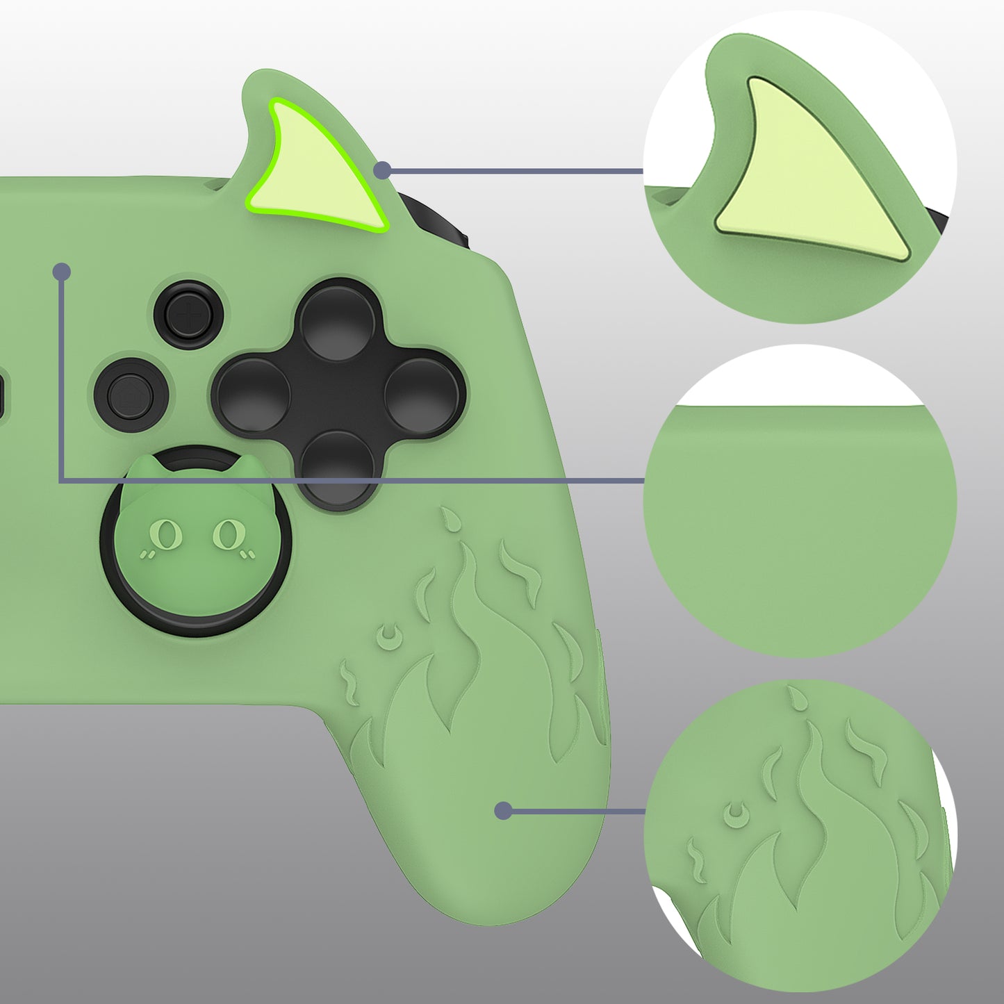 PlayVital Cute Demon Anti-Slip Silicone Grip Cover with Thumb Grips and Stickers for Nintendo Switch Pro Controller - Matcha Green PlayVital