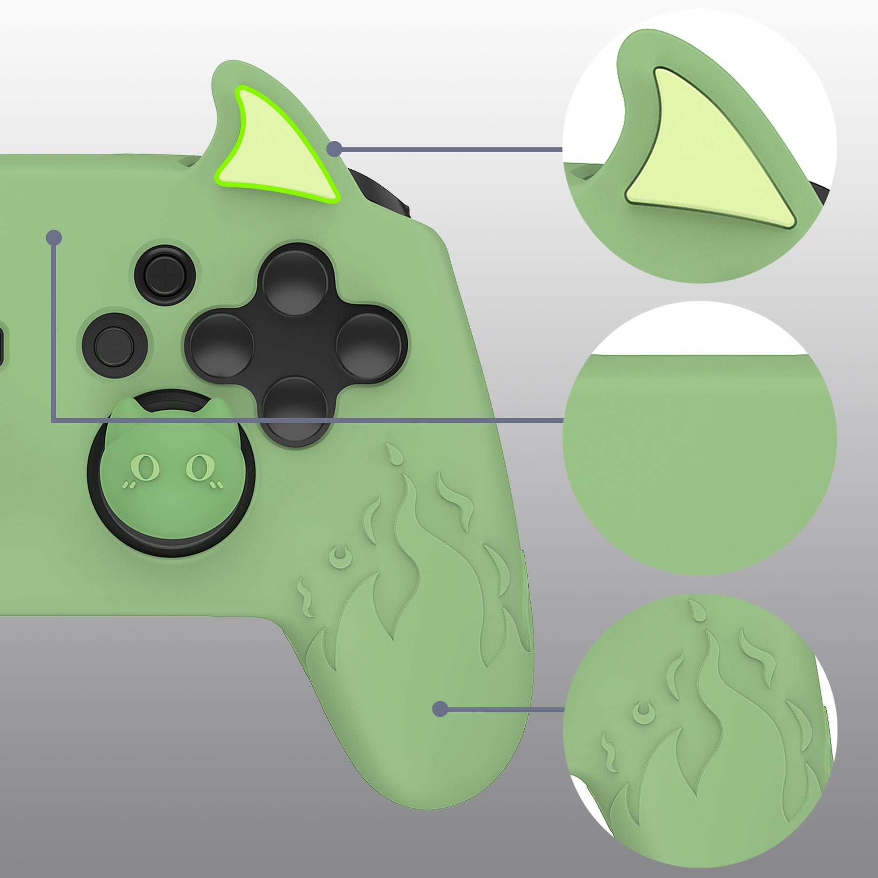 PlayVital Cute Demon Anti-Slip Silicone Grip Cover with Thumb Grips and Stickers for Nintendo Switch Pro Controller - Matcha Green PlayVital