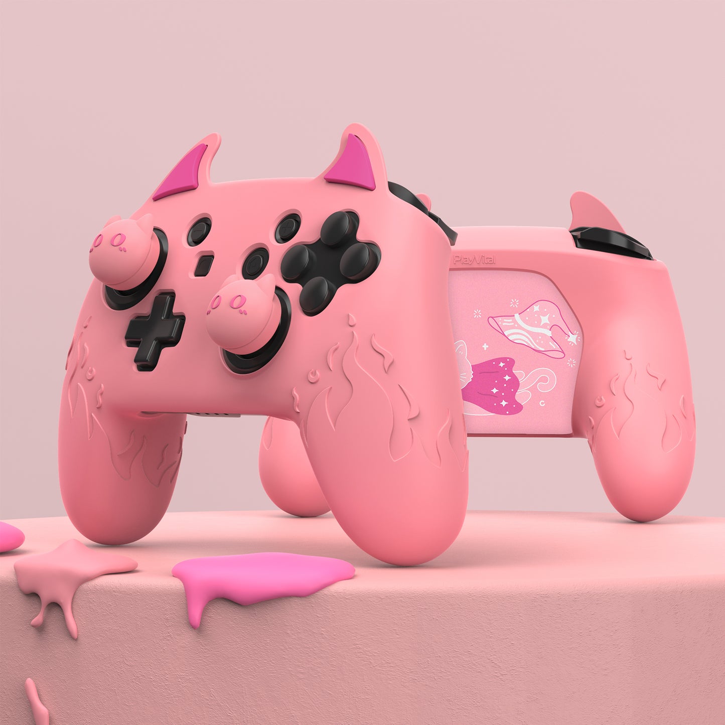 PlayVital Cute Demon Anti-Slip Silicone Grip Cover with Thumb Grips and Stickers for Nintendo Switch Pro Controller - Pink PlayVital