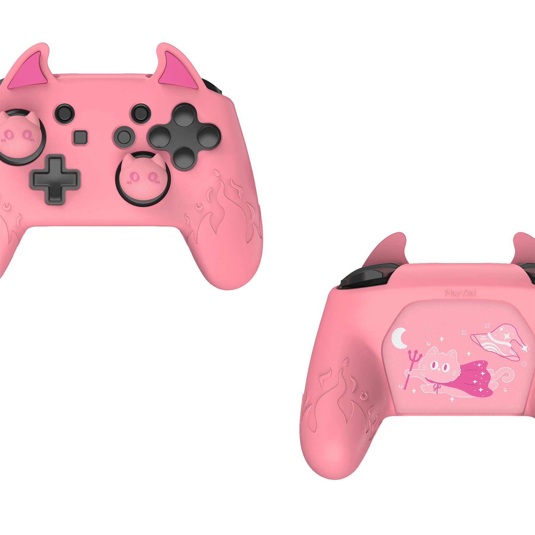 PlayVital Cute Demon Anti-Slip Silicone Grip Cover with Thumb Grips and Stickers for Nintendo Switch Pro Controller - Pink PlayVital