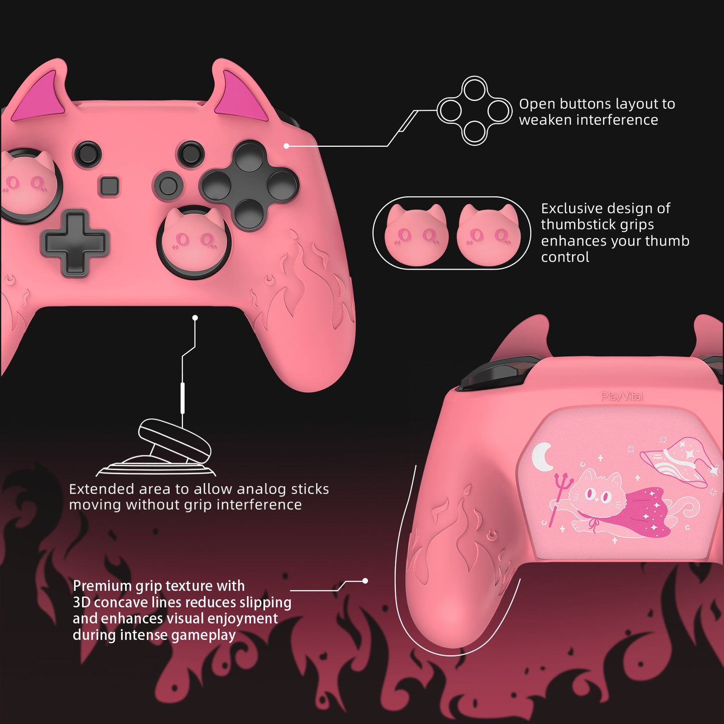 PlayVital Cute Demon Anti-Slip Silicone Grip Cover with Thumb Grips and Stickers for Nintendo Switch Pro Controller - Pink PlayVital