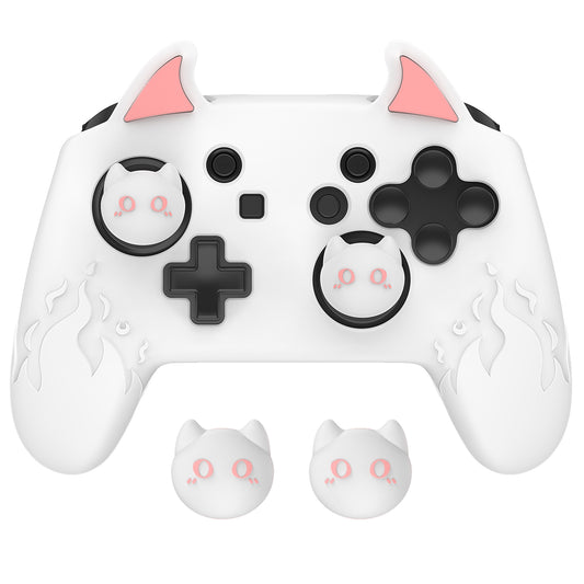 PlayVital Cute Demon Anti-Slip Silicone Grip Cover with Thumb Grips and Stickers for Nintendo Switch Pro Controller - White PlayVital