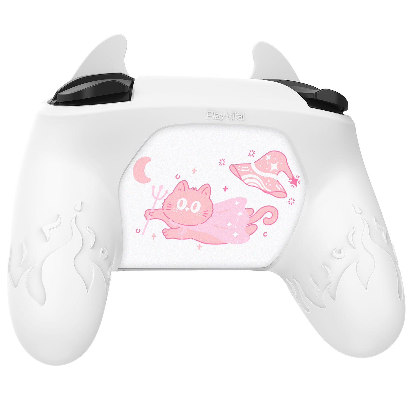 PlayVital Cute Demon Anti-Slip Silicone Grip Cover with Thumb Grips and Stickers for Nintendo Switch Pro Controller - White PlayVital