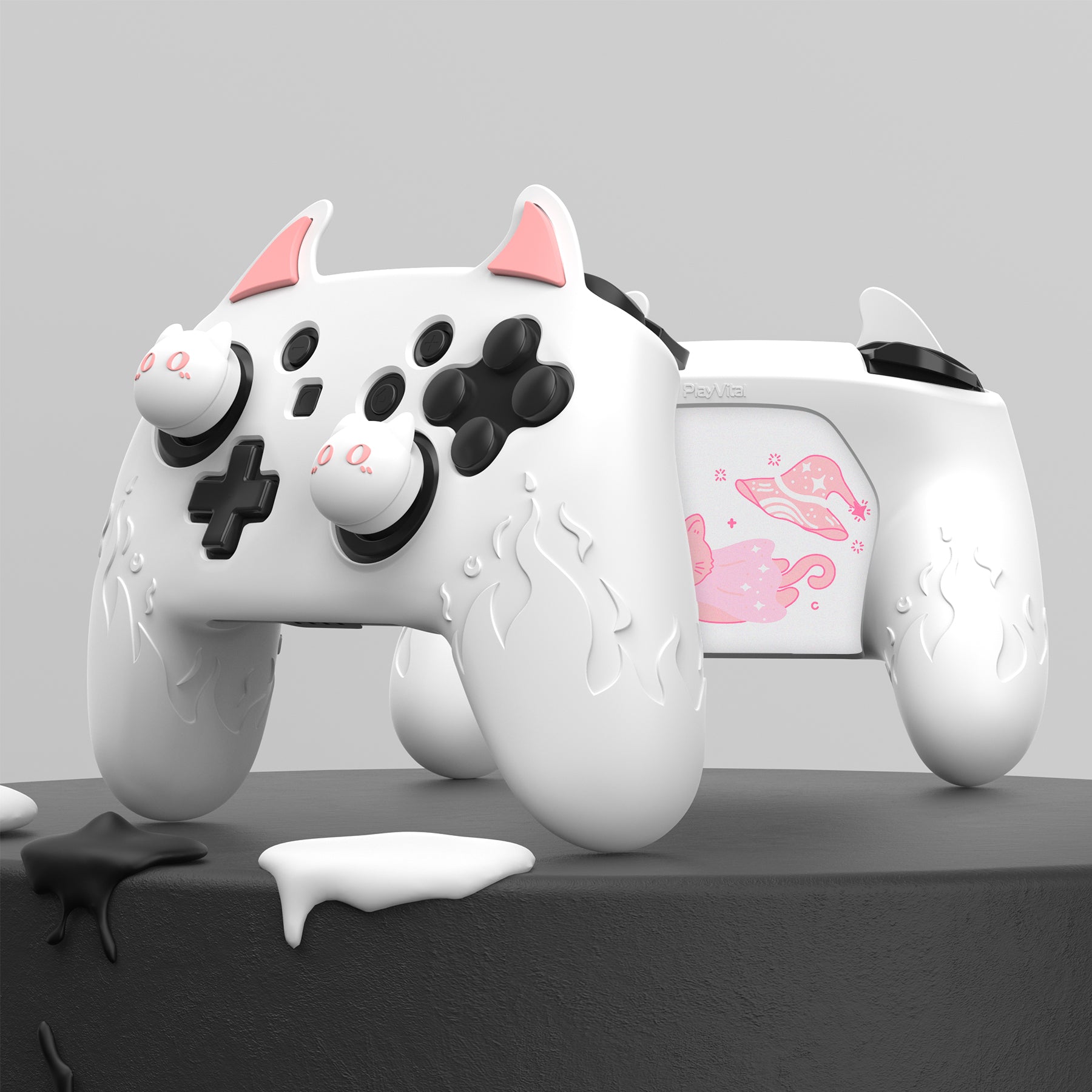 PlayVital Cute Demon Anti-Slip Silicone Grip Cover with Thumb Grips and Stickers for Nintendo Switch Pro Controller - White PlayVital