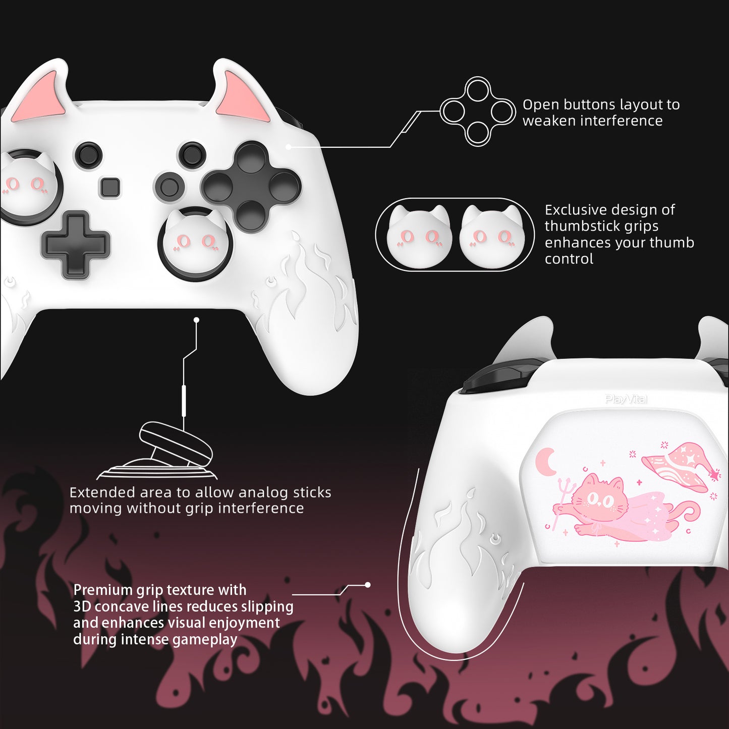 PlayVital Cute Demon Anti-Slip Silicone Grip Cover with Thumb Grips and Stickers for Nintendo Switch Pro Controller - White PlayVital