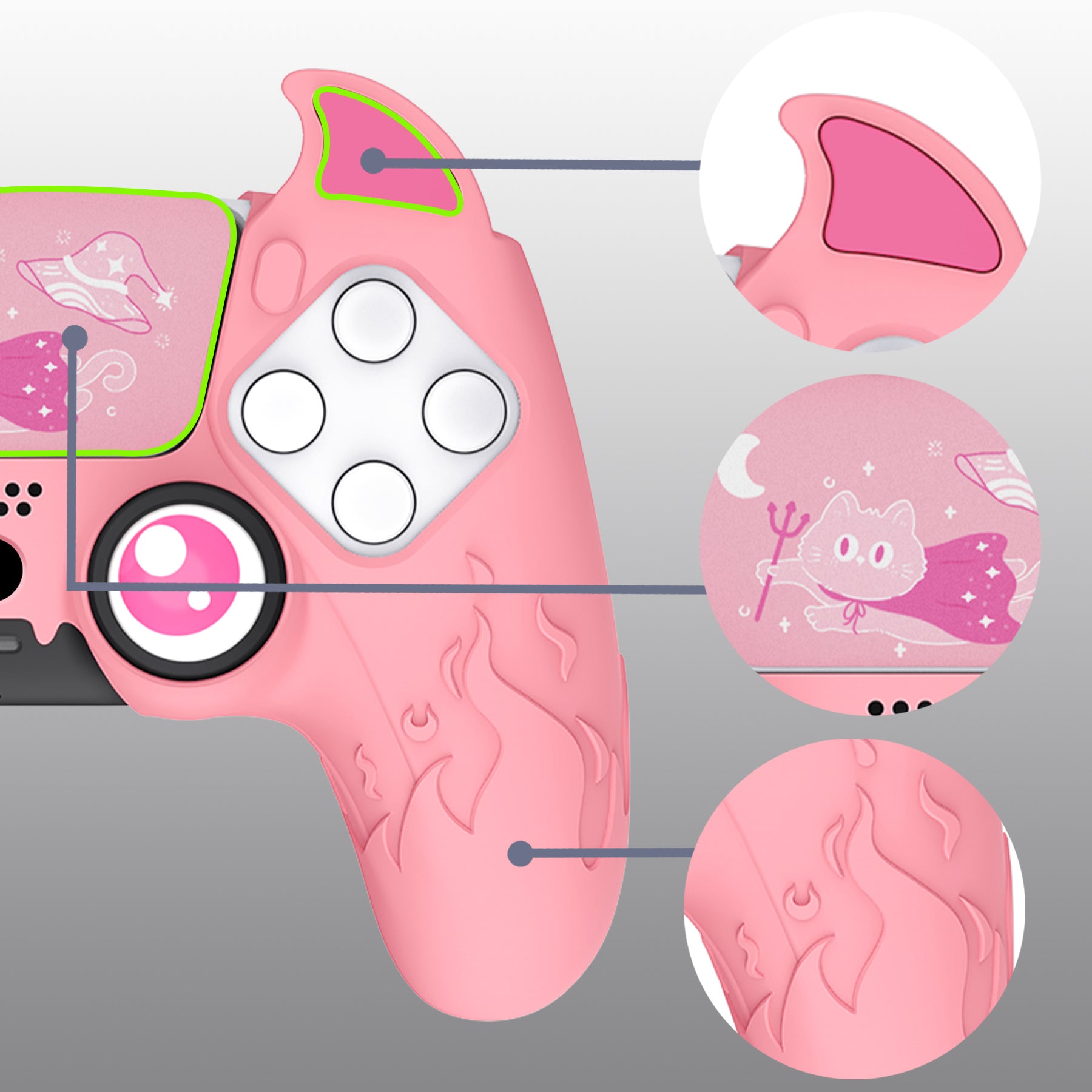 PlayVital Cute Demon Controller Silicone Case with Thumb Grips for PS5 Wireless Controller, Compatible with Charging Station - Pink - DEPFP003 PlayVital